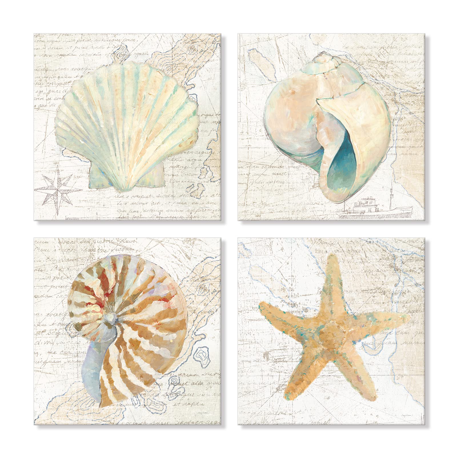 Seashell Bathroom Decor Cream Color Seashell Starfish Canvas Wall Art Nautical Decor For Livingroom Kitchen Home Walls 12X12Inch