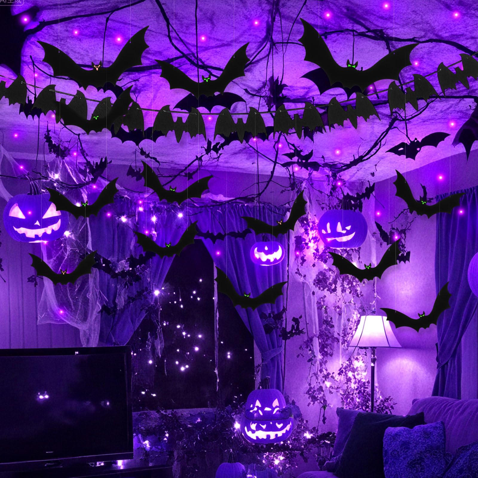 Pinkunn Halloween Decorations String Lights and 30 Pcs Hanging Bats Set Battery Operated Powered, 32 ft 100 Count LED String War