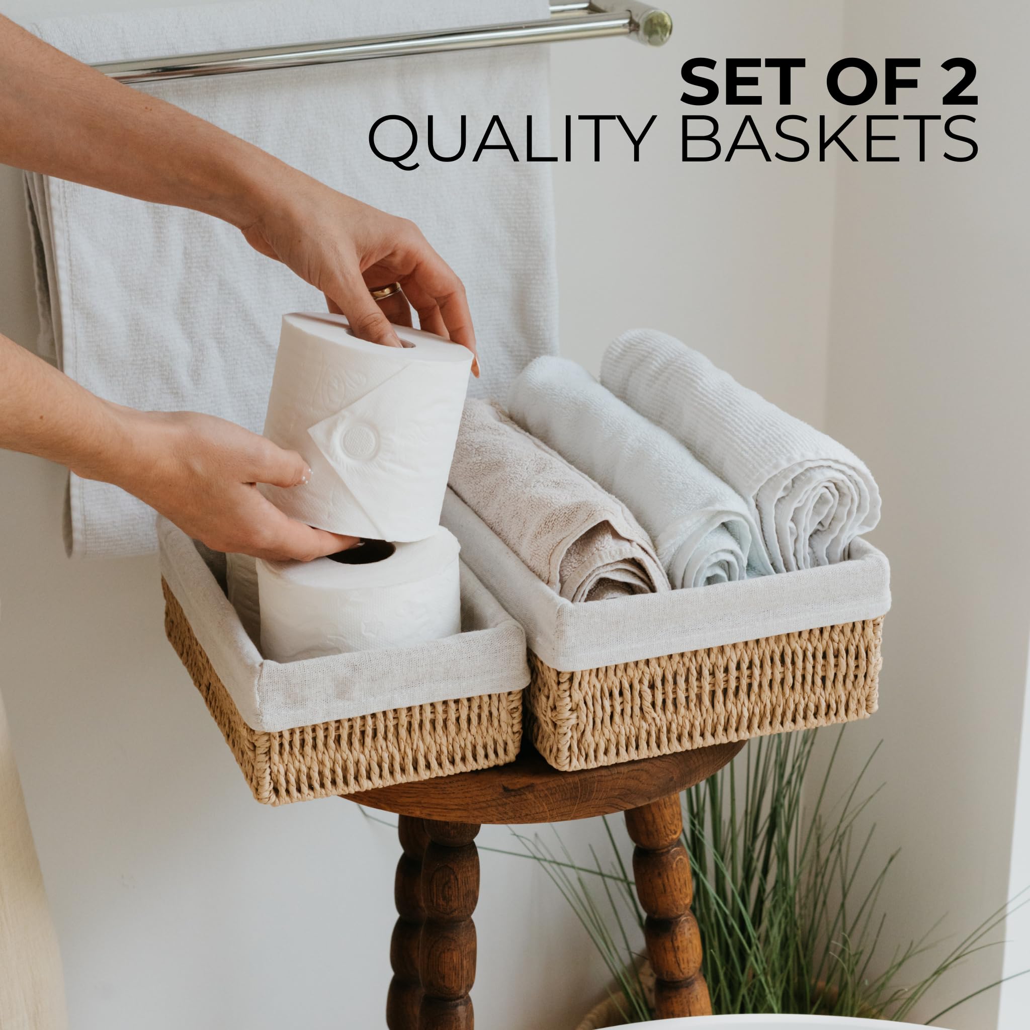 Beautiful Toilet Paper Storage Basket Set of 2 - Decorative Wicker Bathroom Organizer for Toilet Tank Trays - Quality Holder Bin