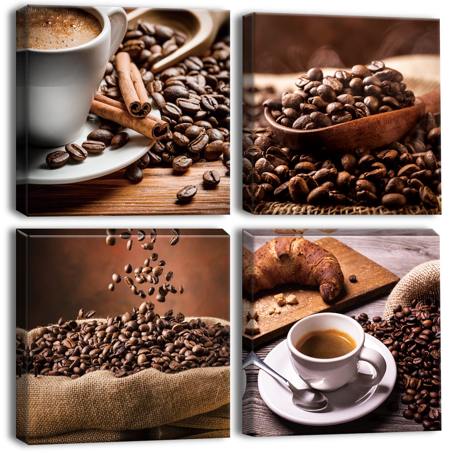 Otostar 4 Pieces Wall Art Canvas Prints - Coffee Beans And Coffee Picture Painting - Modern Wall Artwork Framed For Gifts Bathro