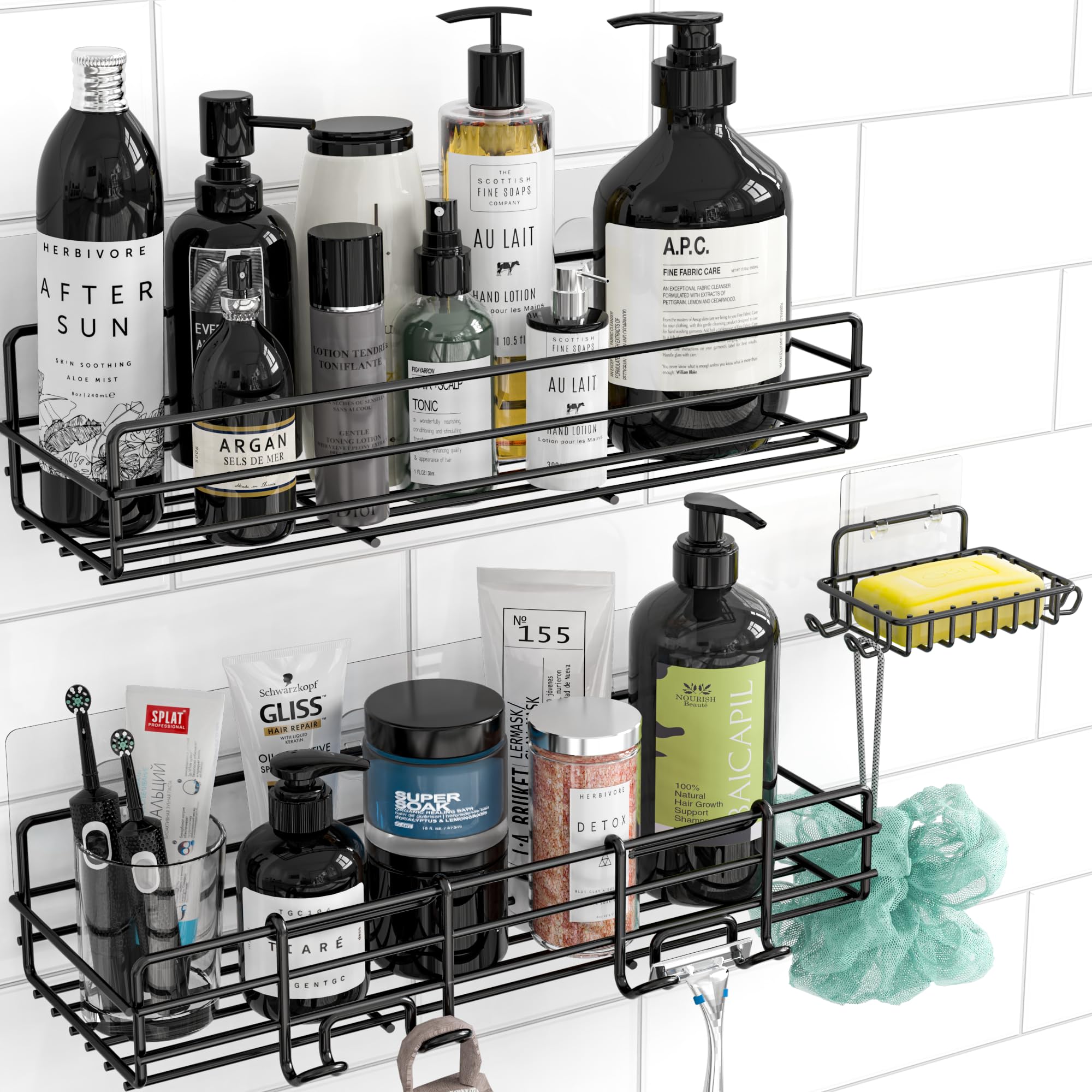 Moforoco Shower Caddy Basket Shelf With Soap Holder, No Drilling Traceless Adhesive Shower Wall Shelves, Rustproof Bathroom Show
