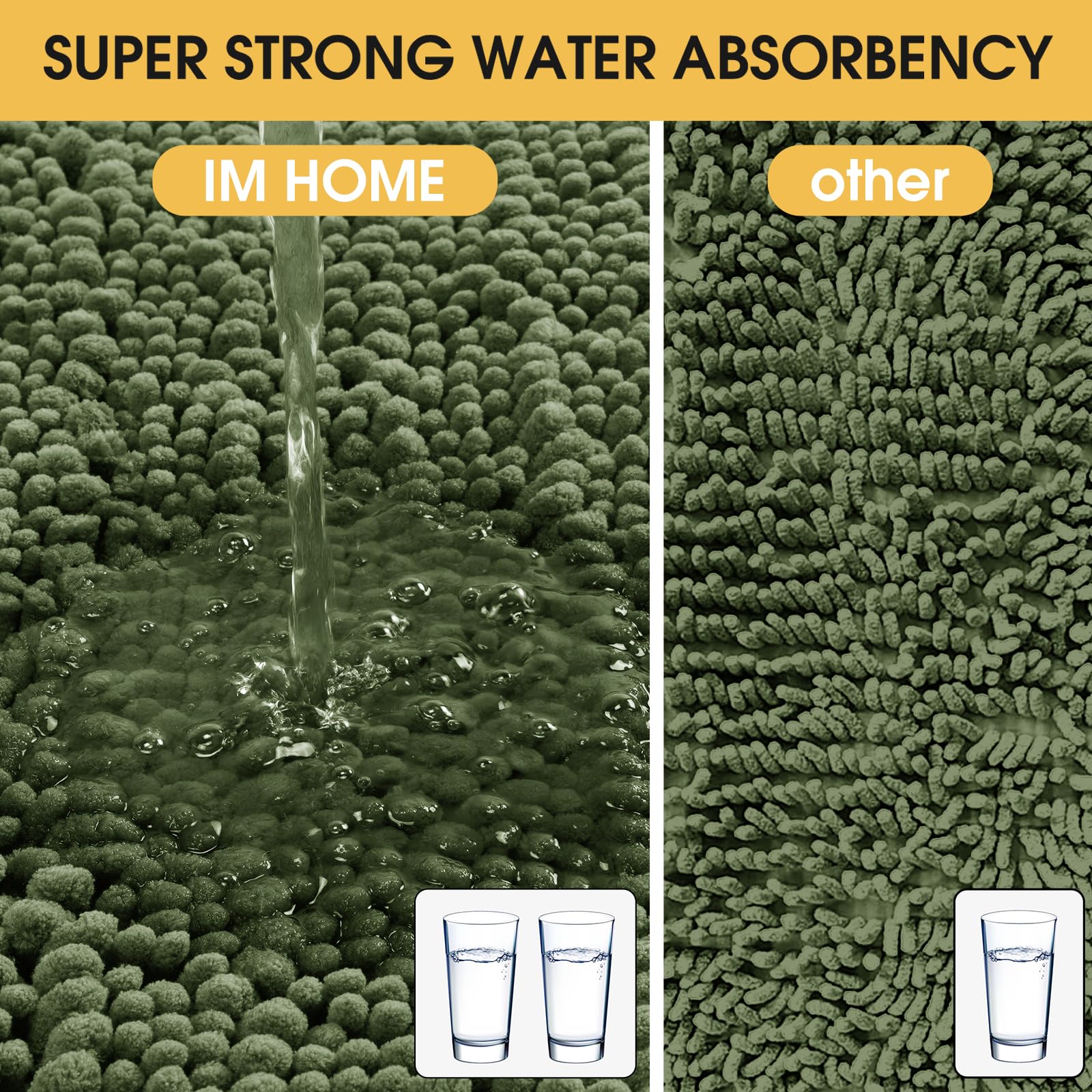 Accumtek Upgrade Extra Large Oliver Green Bathroom Rug Set 3 Pieces Ultra Soft, Thick Absorbent Bath Mats, Non Slip Chenille Toi