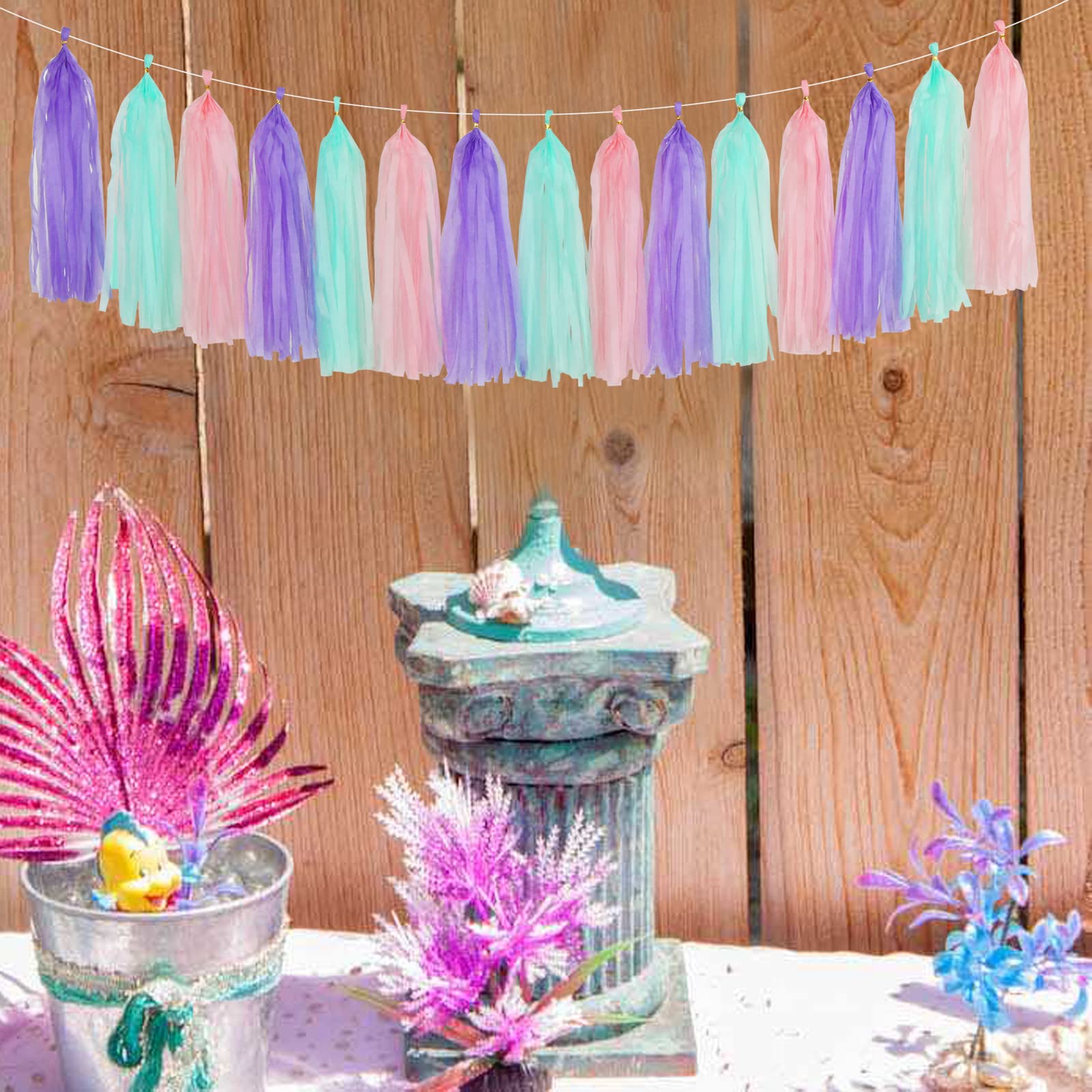 Pink-Purple Mint Mermaid Ocean-Themed Party-Decorations - 15pcs Tassel Garland Streamers Wedding Birthday Engagement Baby Bridal