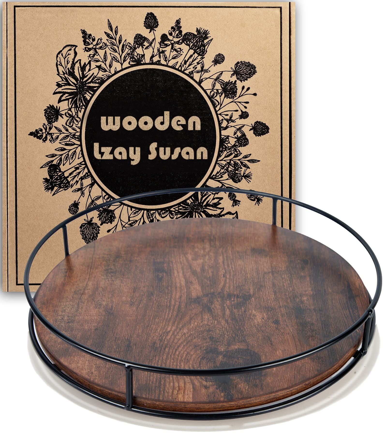 10 Inch Wood Lazy Susan Turntable For Table, Kitchen Rustic Brown Turntable Organizer With Steel Frame, 360 Degree Decorative Tu