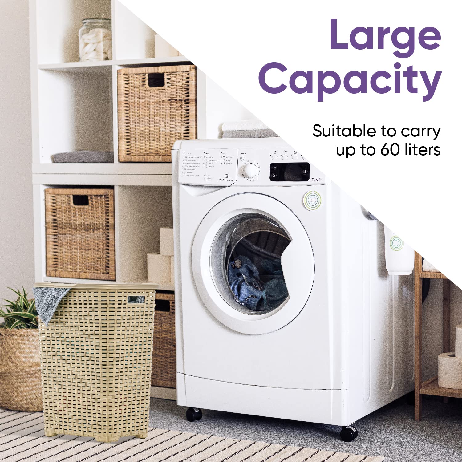 Superio Laundry Hamper Basket With Easy Open Lid 60 Liter Beige, Large Wicker Hamper, Dirty Cloths Storage With Two Cutout Handl
