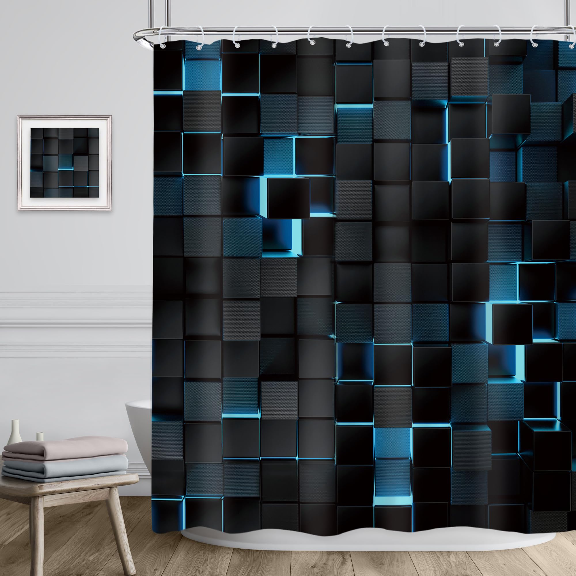 Riyidecor Black Navy Blue Wall Shower Curtain 60Wx72H Inch Abstract Brick Modern 3D Gradient Design Futuristic Cubes Geometric P