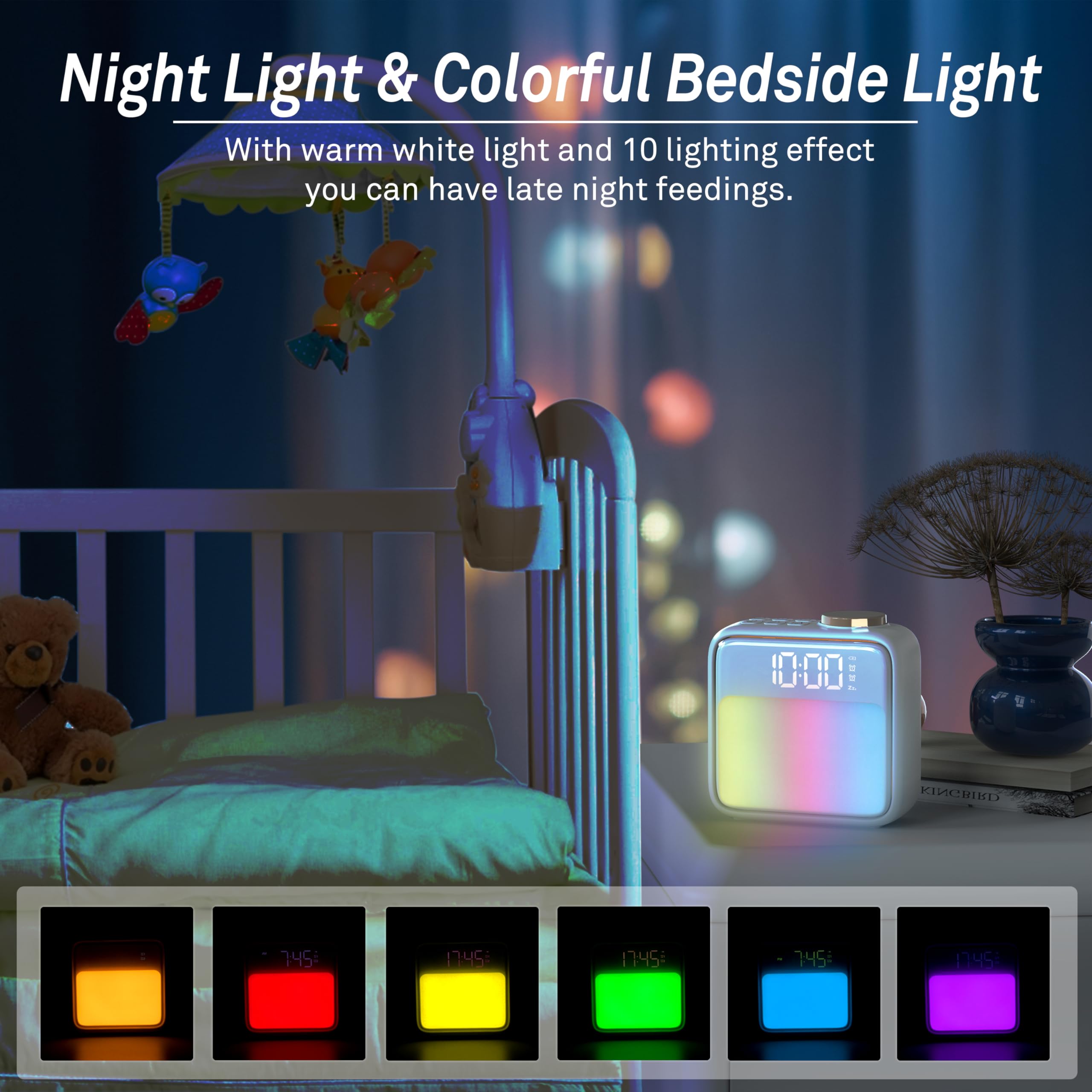 AIRIVO Alarm Clock Night Lights, Built-in Battery Alarm Clock for Bedrooms, 6 Scenes & White Noise Sync, Dual Alarms & Snooze, f