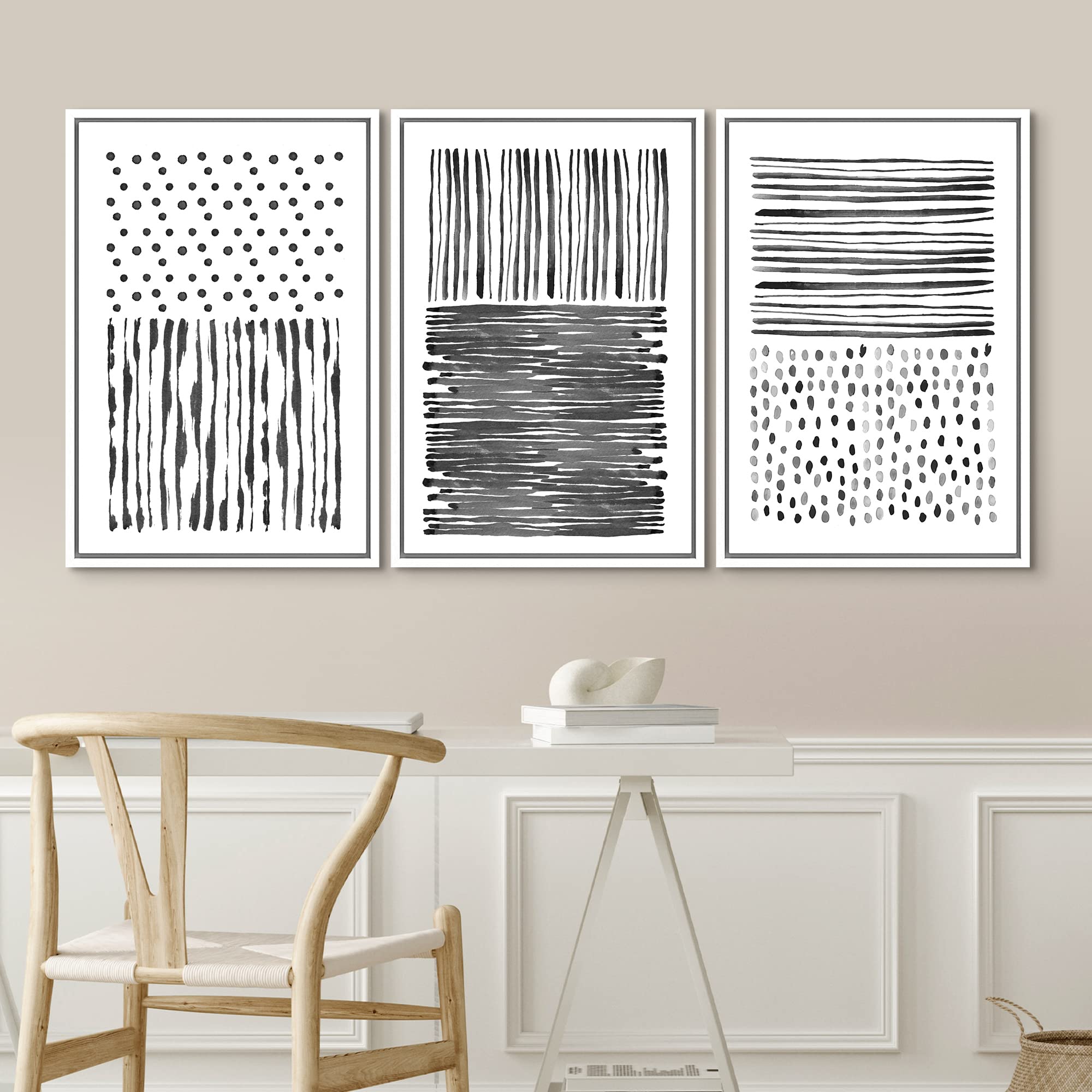 Idea4Wall Framed Wall Art Print Set Black Lines With Gray Dots Geometric Shapes Illustrations Modern Art Minimalist Scenic For L