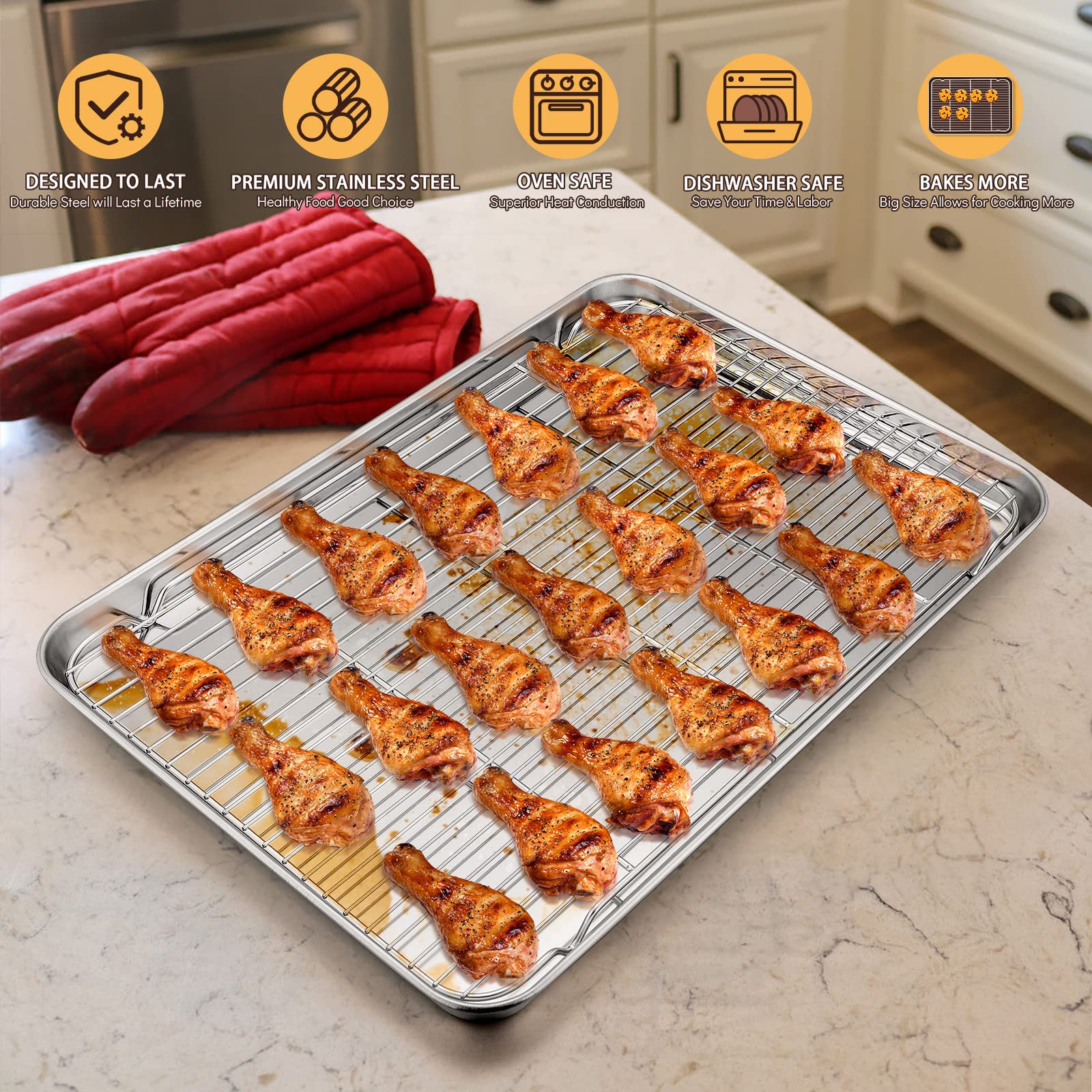 E-Far Cookie Sheet With Rack Set, Half Sheet Baking Pan For Oven Cooking, 18   X13    Stainless Steel Rimmed Tray With Wire Cool