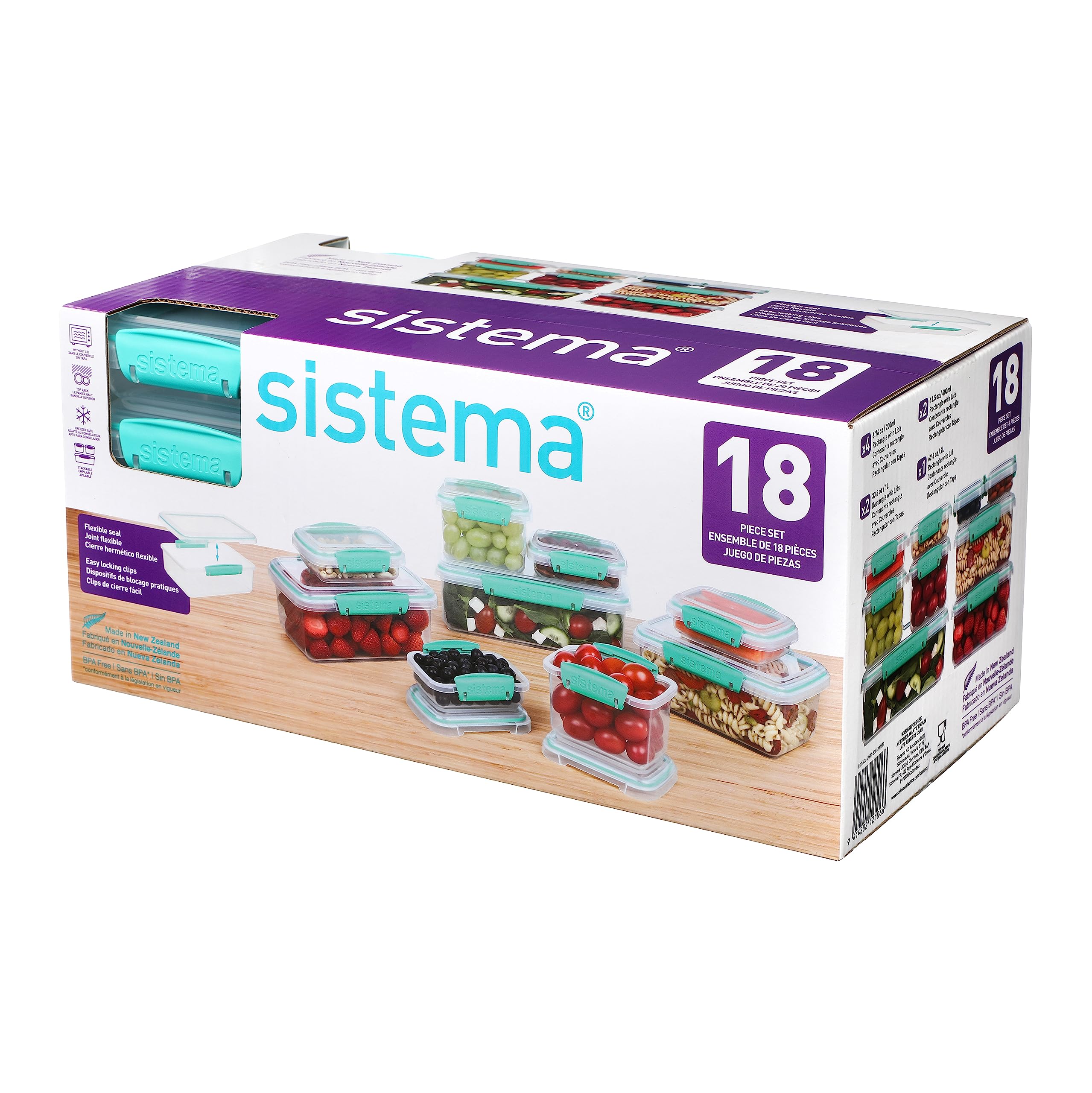 Sistema 18-Piece Food Storage Containers With Lids For Lunch, Meal Prep, And Leftovers, Dishwasher Safe, Clear/Blue