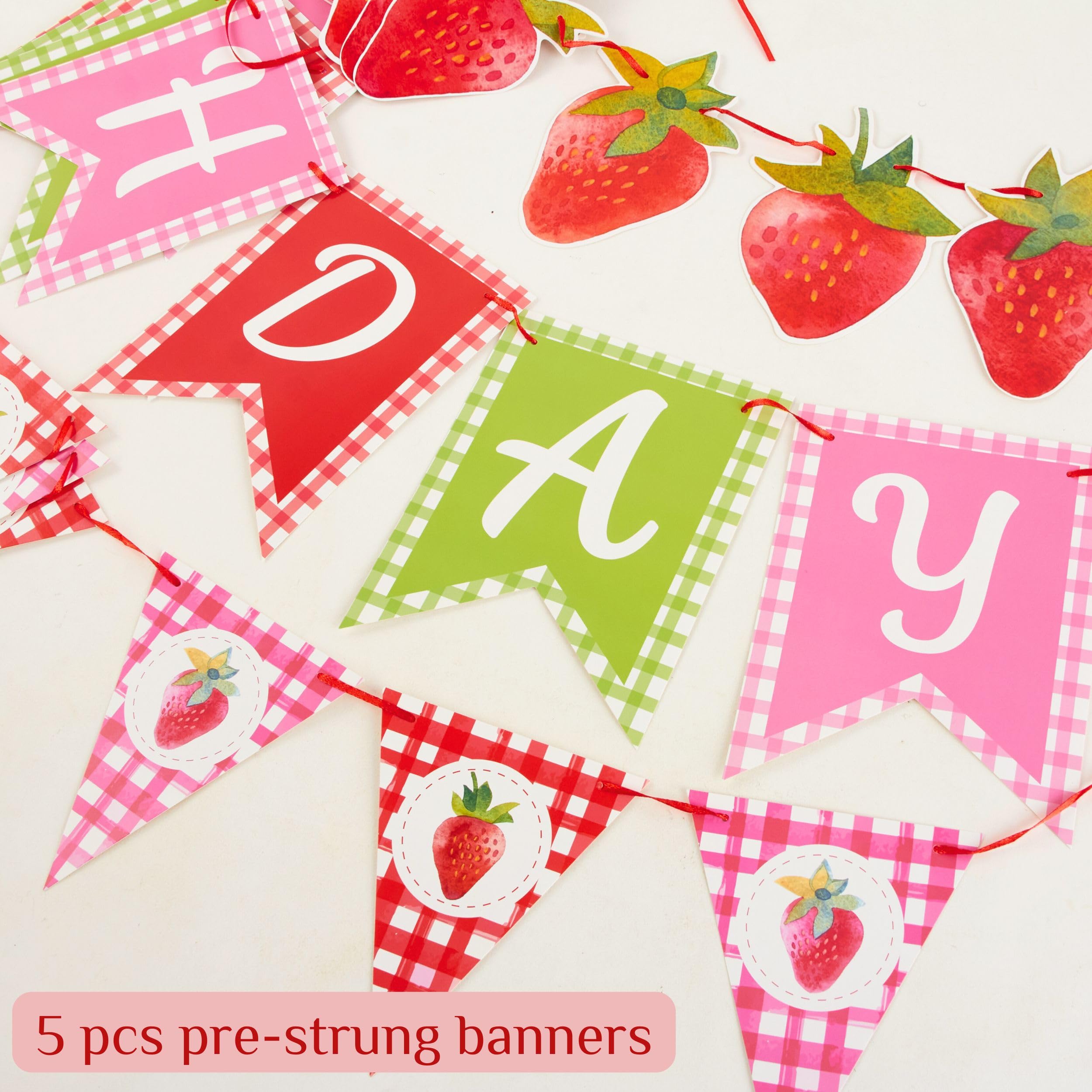 Homarkable Strawberry Birthday Banners, 5 Pcs Girl Party Banners, Berry First Birthday Decor for Girls, Strawberry Baby Shower