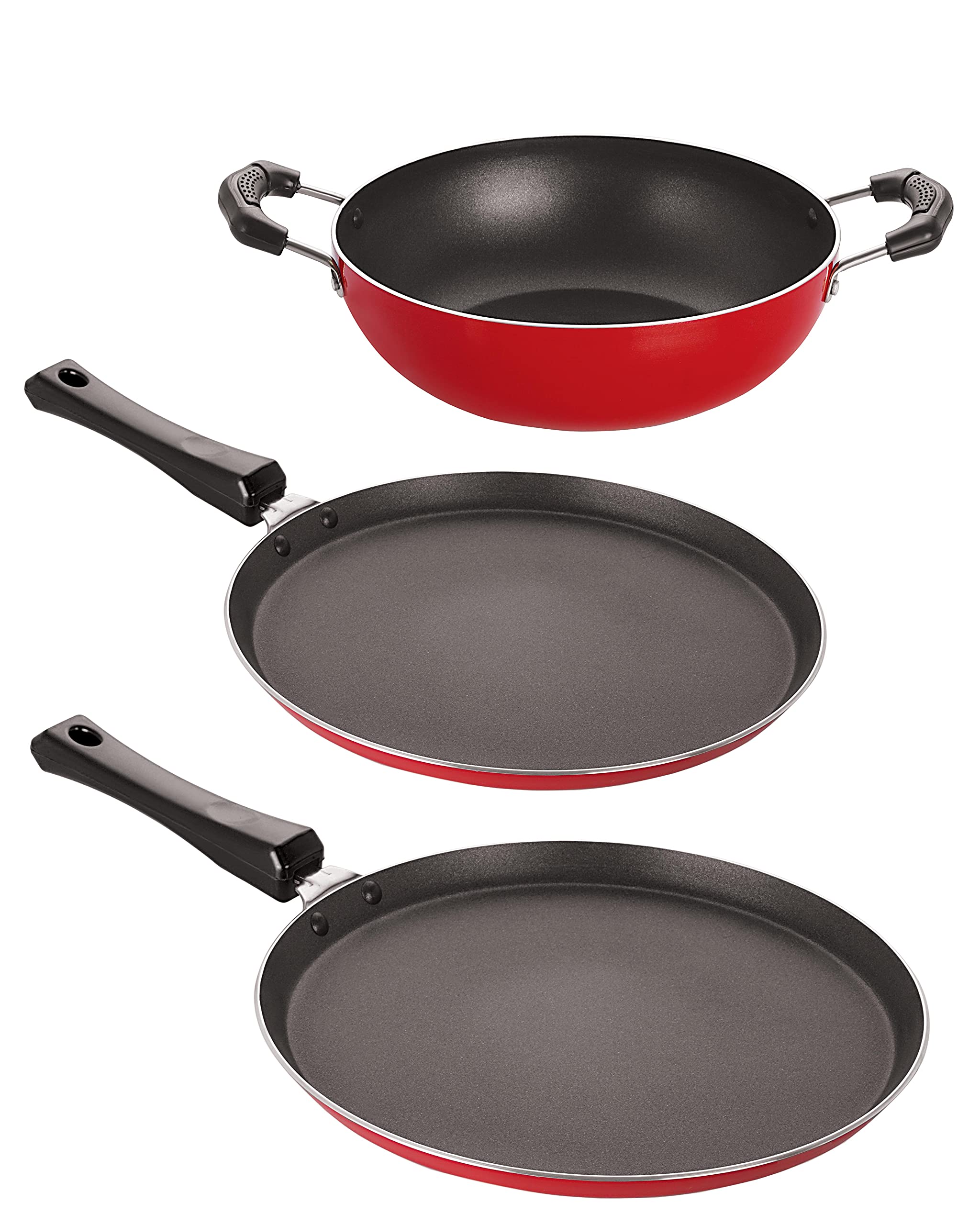 Deluxe NonStick Set Of Kitchenware Utensils Aluminium Red & Black Flat Tawa 27.5Cm, Flat Tawa 30Cm, Kadai 2L Best Price Deal