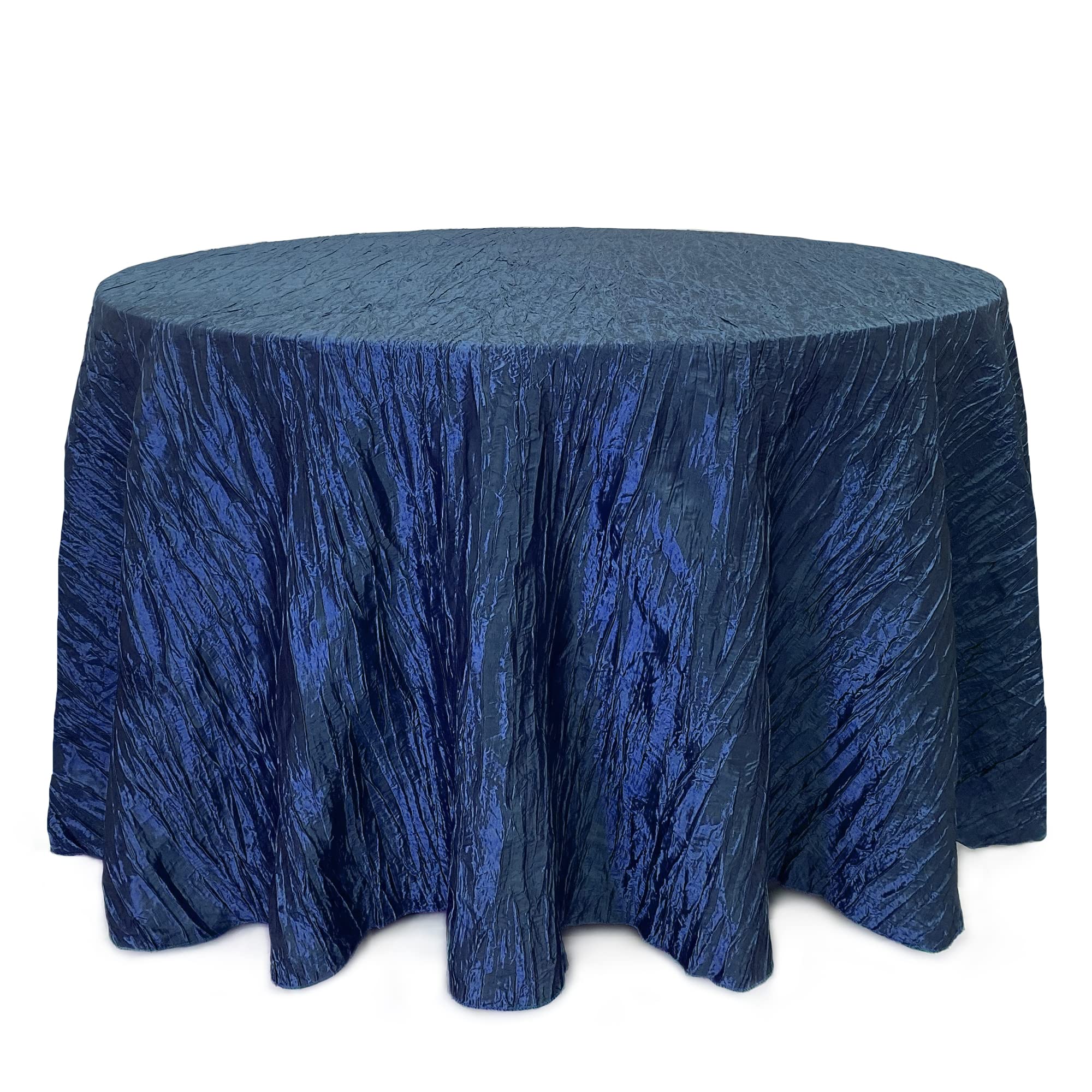 Your Chair Covers - 120 Inch Round Crinkle Taffeta Tablecloth - Navy Blue, Crushed Shiny Dining Table Cloth For Wedding Party Bi