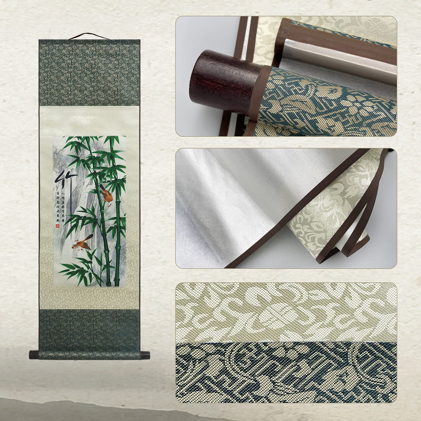 Atfart Asian Wall Decor Beautiful Silk Scroll Painting 4 Righteous Men Flowers - Plum Orchid Bamboo Chrysanthemum Oriental Decor