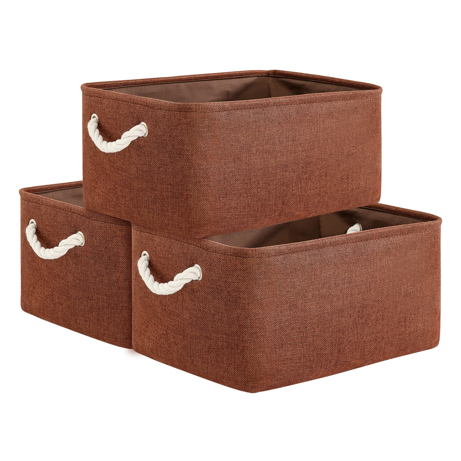 Thewarmhome Decorative Basket Rectangular Fabric Storage Bin Organizer Basket With Handles For Clothes Storage (Brown,Large-3Pac