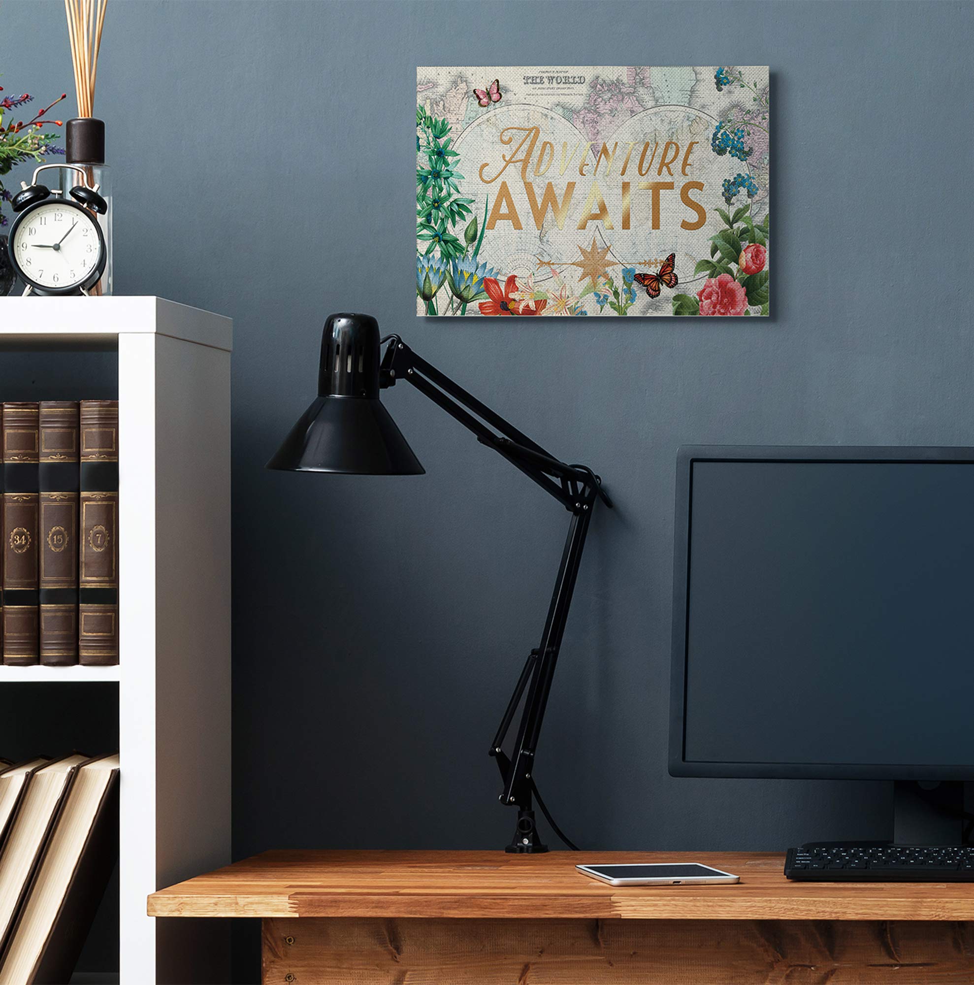 Stupell Industries Adventure Awaits Globe Map Flower Word, Design By Ophelia And Company Wall Art, 16 X 20, Canvas