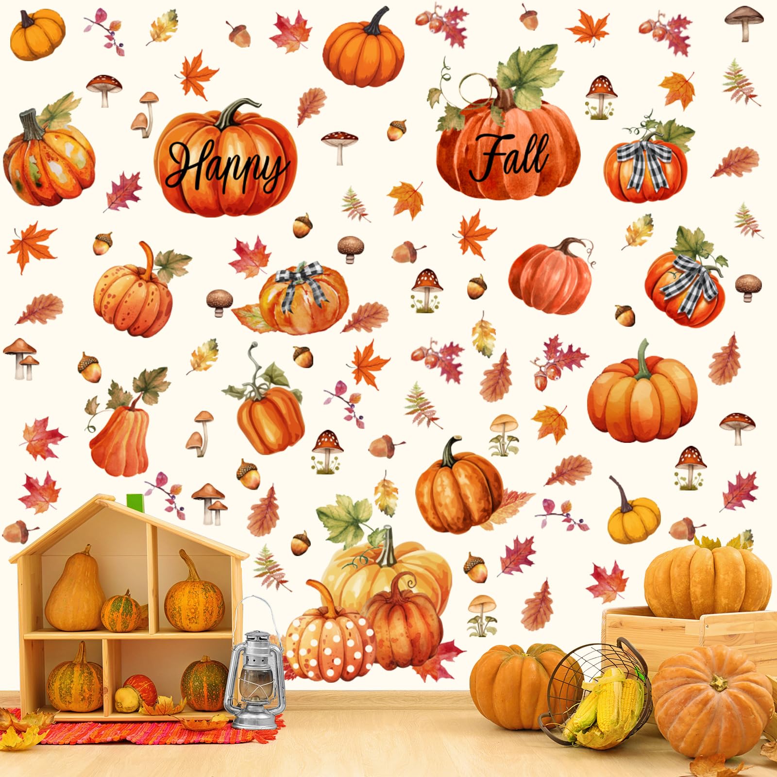Eersida 6 Sheets 89 Pcs Thanksgiving Wall Decals Fall Oil Painting Pumpkin Wall Decals Maple Leaves Stickers for Thanksgiving Gl