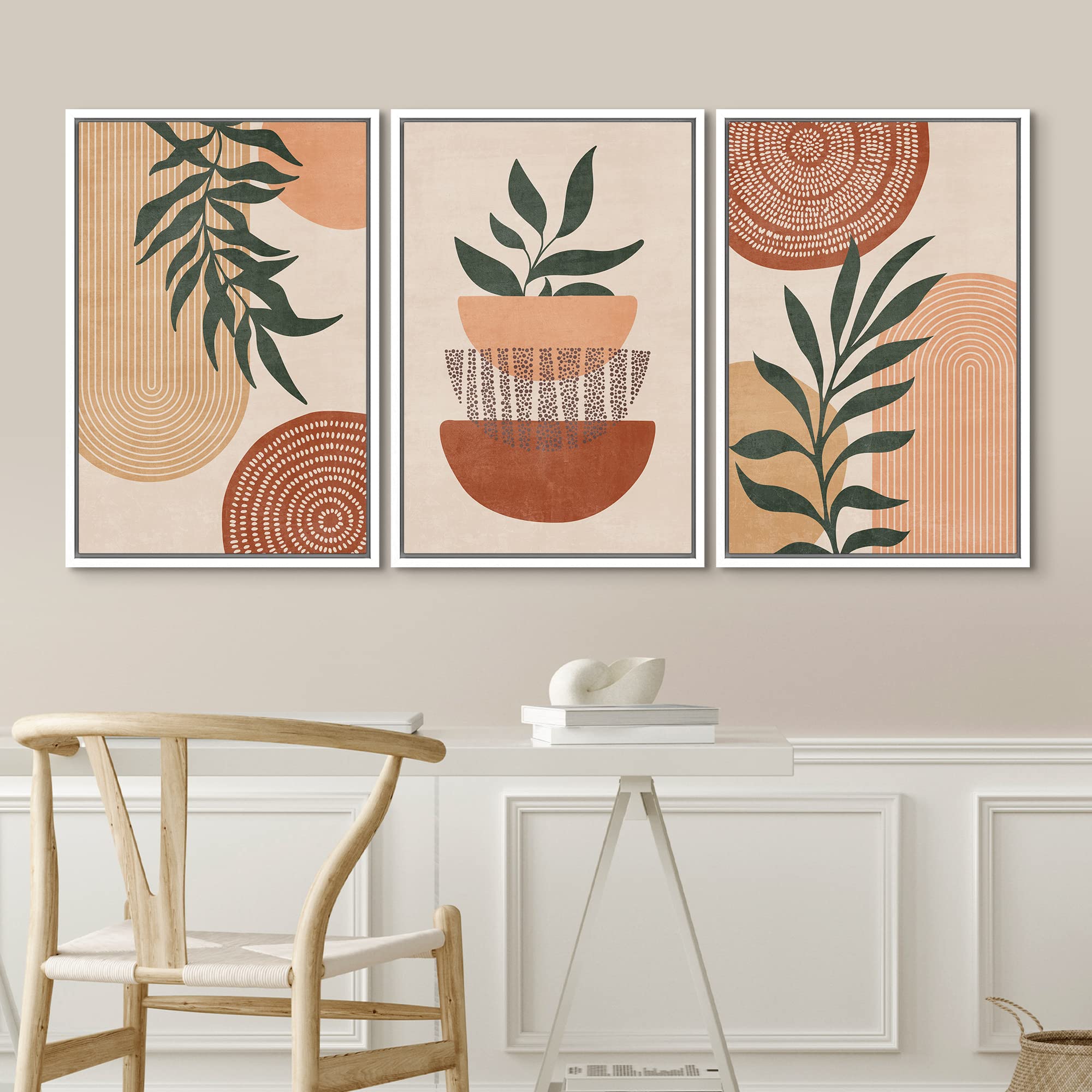 Idea4Wall Framed Canvas Print Wall Art Set Geometric Mid-Century Polygon Palm Leaf Abstract Nature Illustrations Modern Art Nord