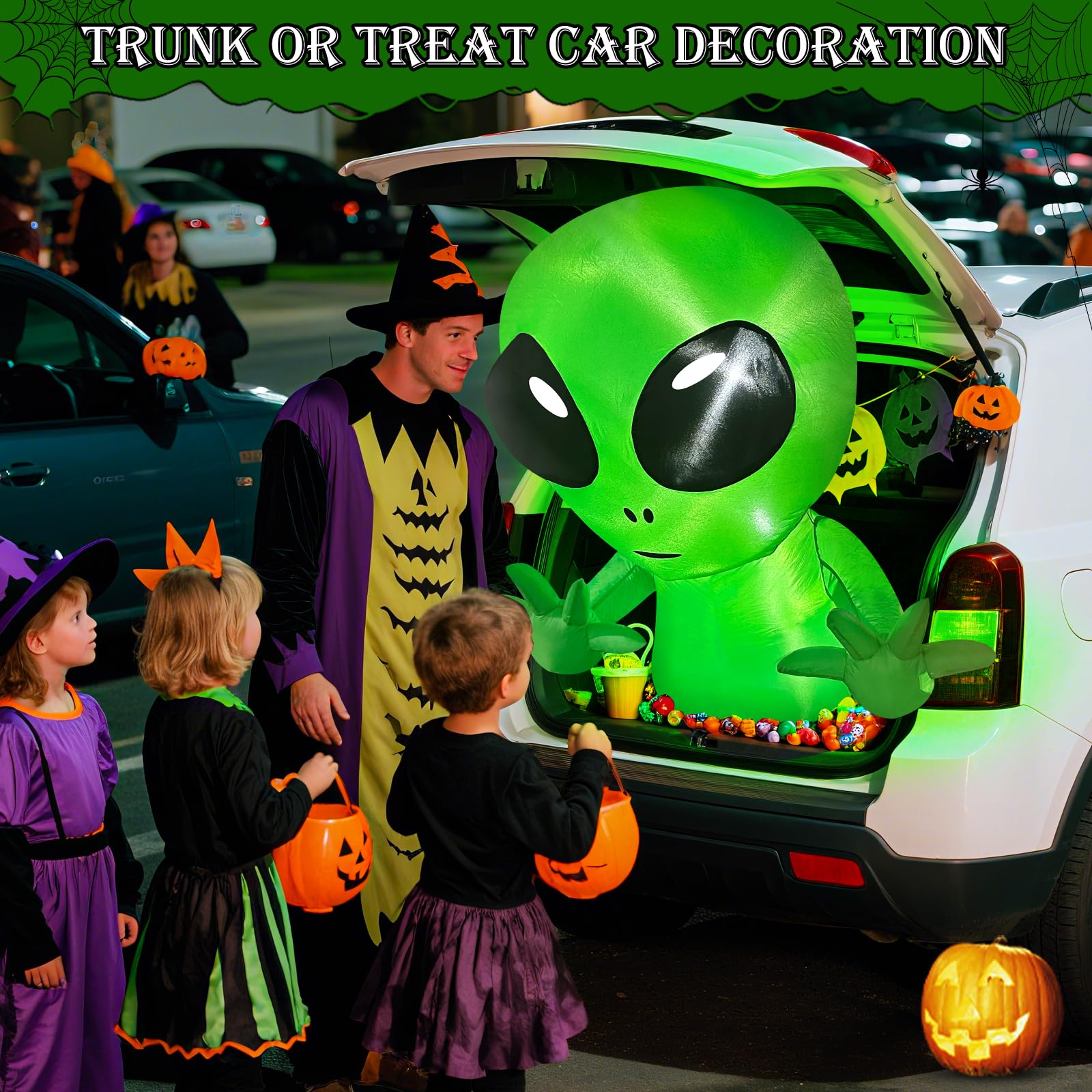 3.5 Ft Halloween Inflatable Alien Trunk Or Treat Car Decoration with Built-in LEDs, Halloween Blow Up Alien Broke Out from Car D