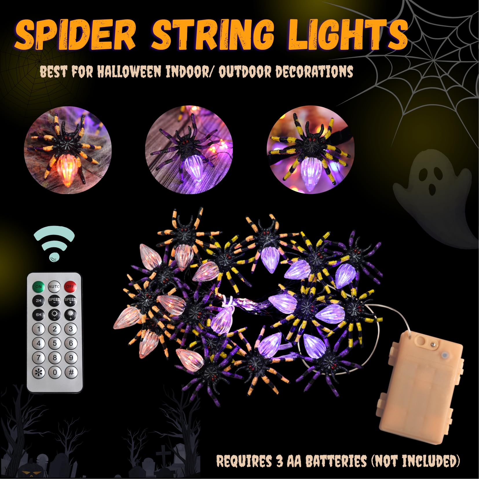 Belniak Spooky Glowing Spider Halloween Lights-Purple Orange 10FT String with 15 3D Spiders-Waterproof Battery Operated Fairy Li