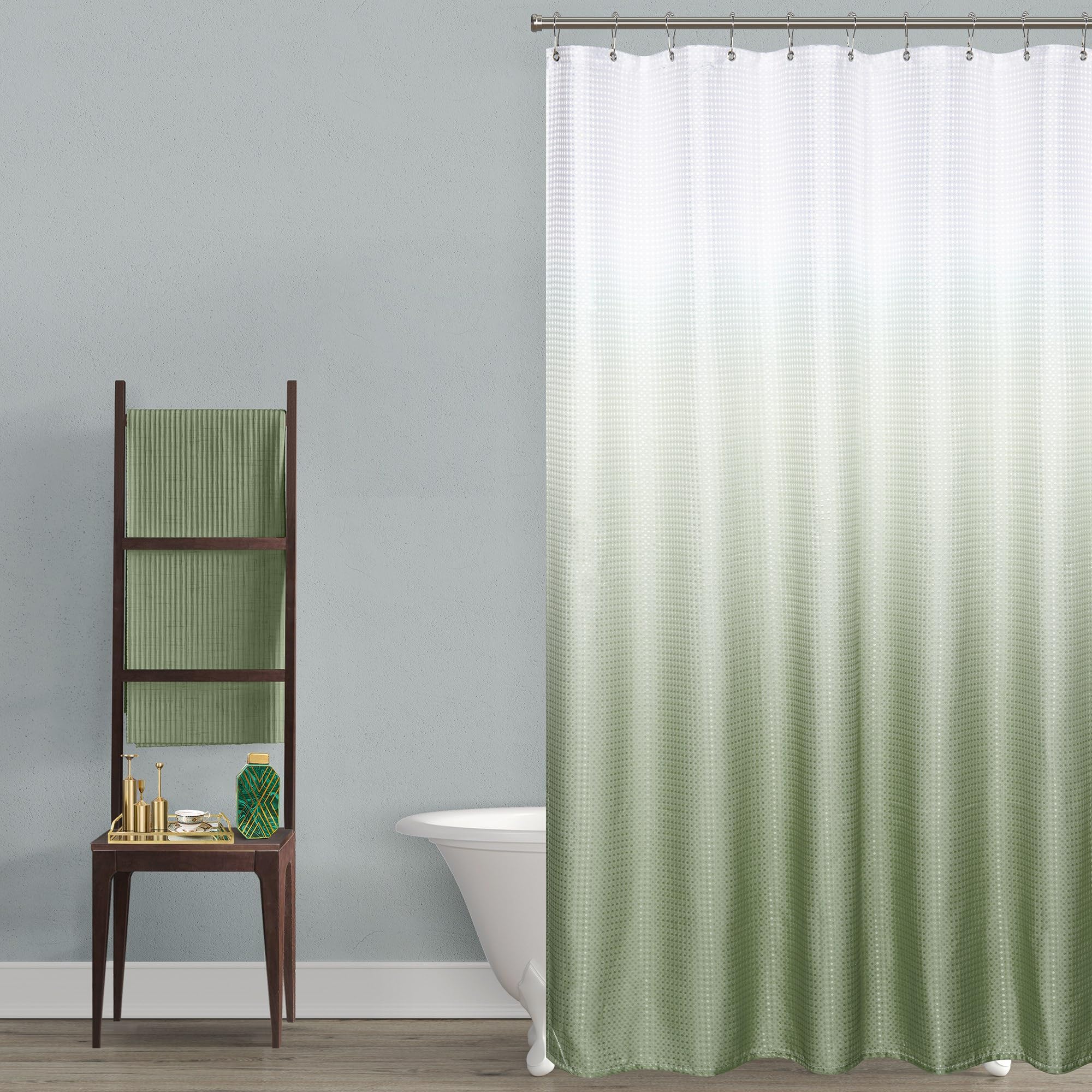 Mrs.Naturall Sage Green Boho Shower Curtains For Bathroom Ombre Waterproof Liner Bath Decor Textured Fabric Shower Curtain Sets