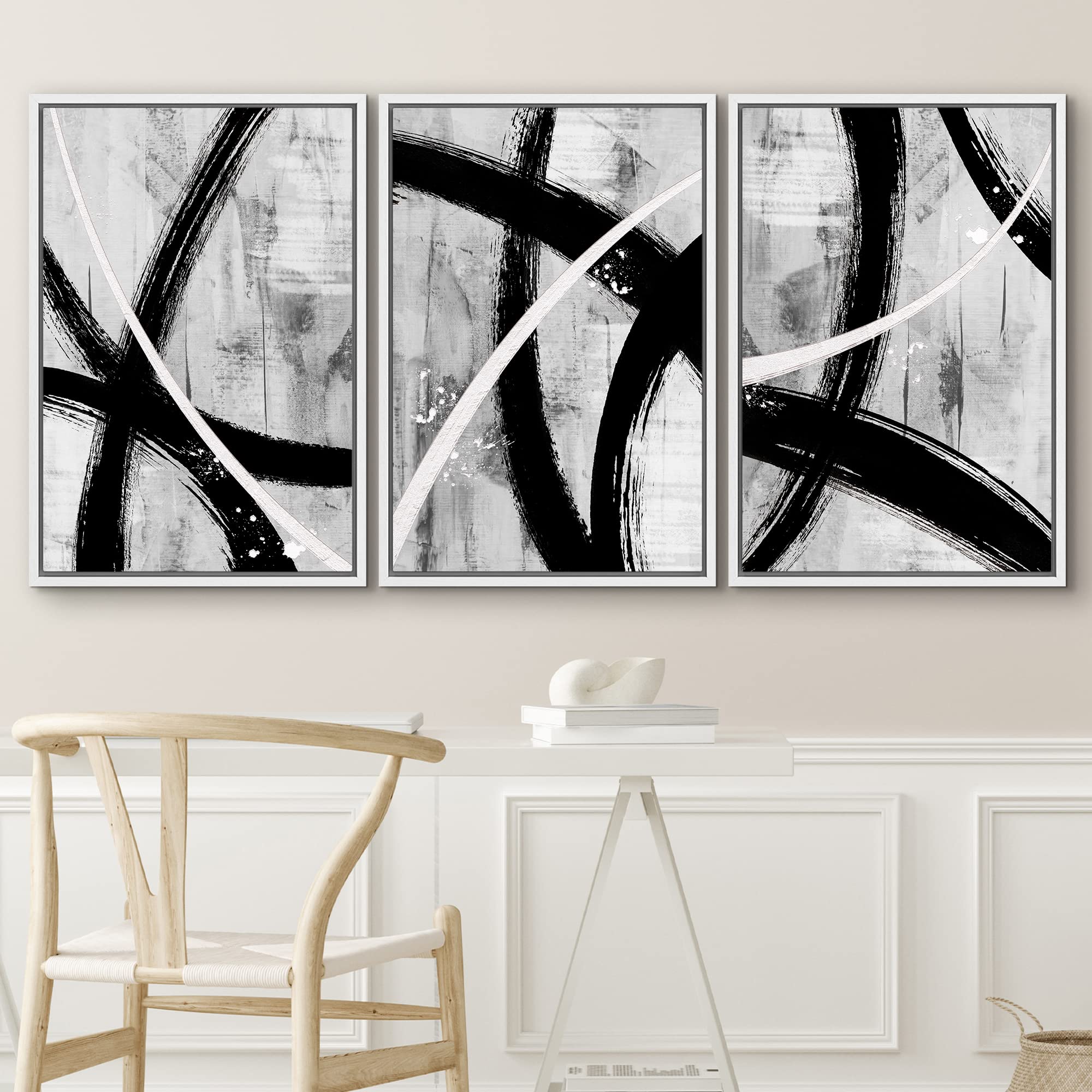 Idea4Wall Framed Canvas Print Wall Art Set Black Gray White Geometric Paint Strokes Abstract Shapes Illustrations Modern Art Dec