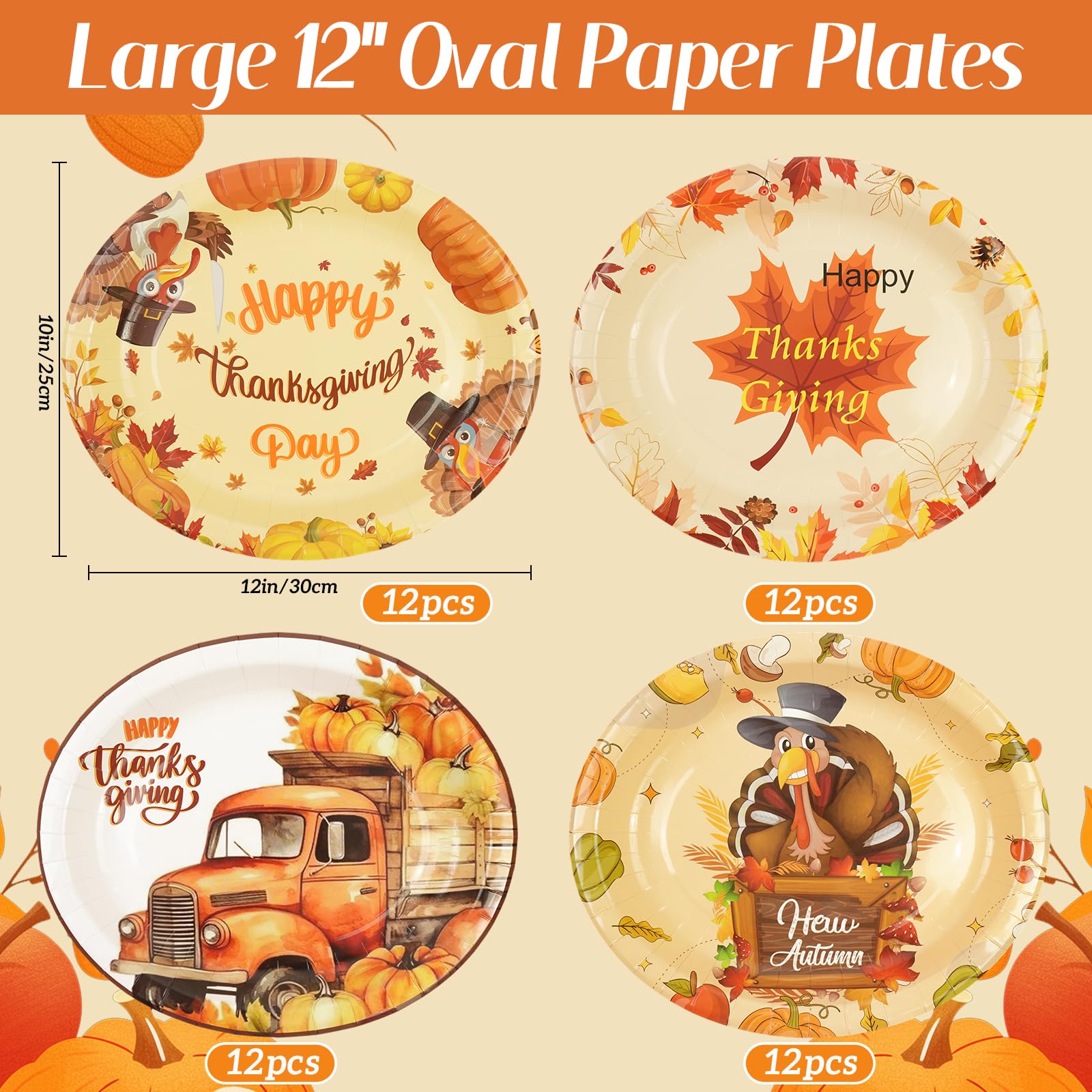 Oval Thanksgiving Plates-48 Count 12   x10    Oval Fall Heavy Duty Paper Plates Large Disposable Pumpkin Leaves Turkey Dinner Pl