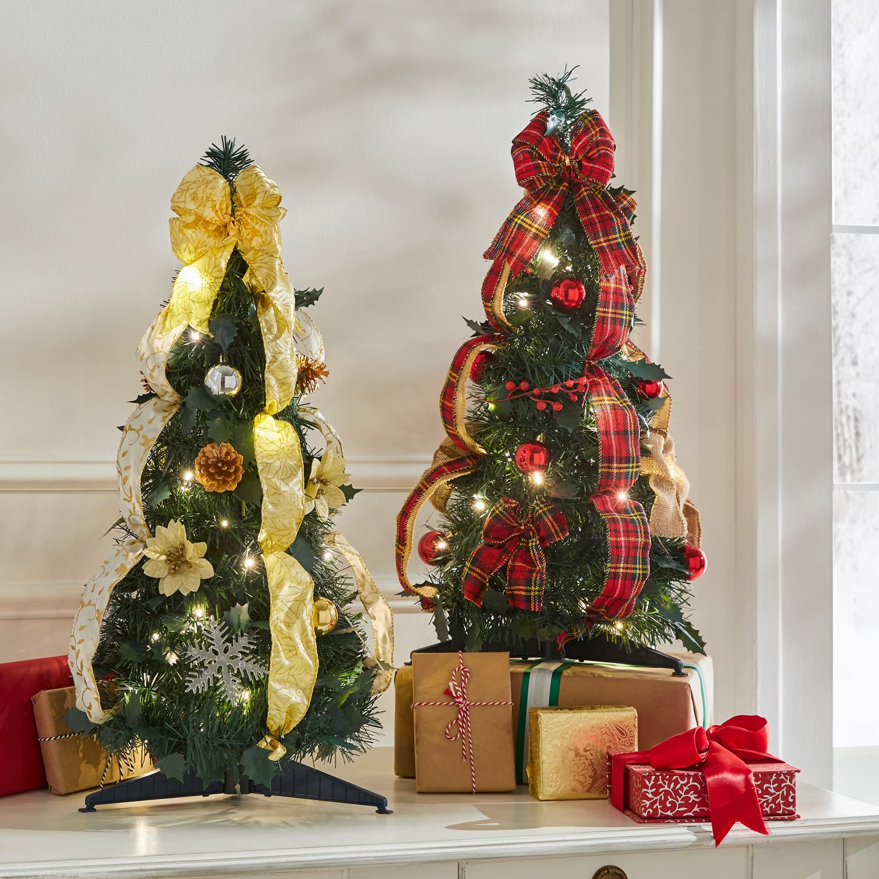 Fully Decorated Pre-Lit 2 Pop-Up Tabletop Christmas Tree - Red White