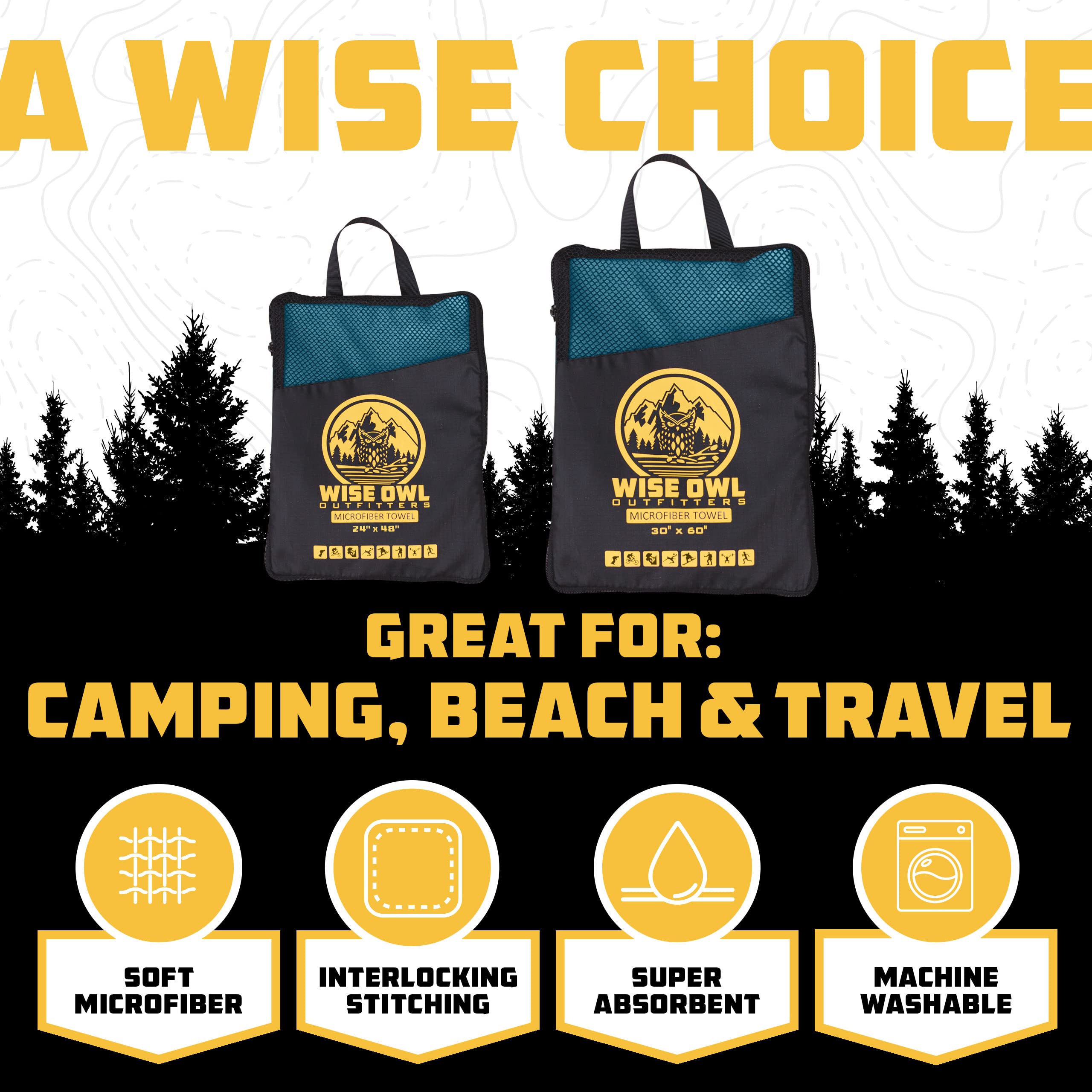 Wise Owl Outfitters Microfiber Camping Towel - Ultra Soft, Quick Dry, Large 24x48, Marine Blue, Includes Free Hand Towel 12x12