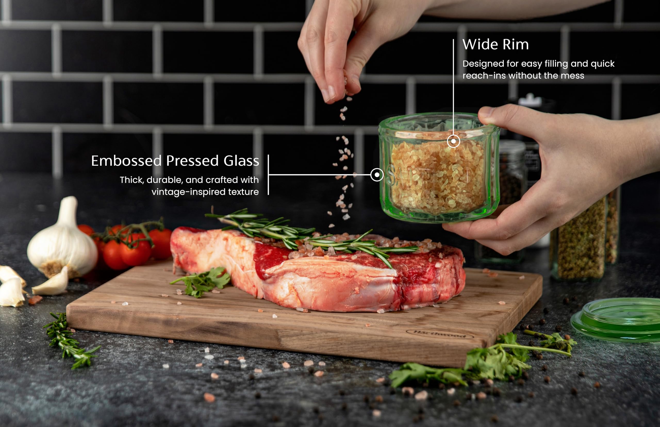 KooK Salt Cellar & Jar  Round Salt Container  Pressed Clear Glass  with Clear Lid  Embossed  10 oz (Lime)