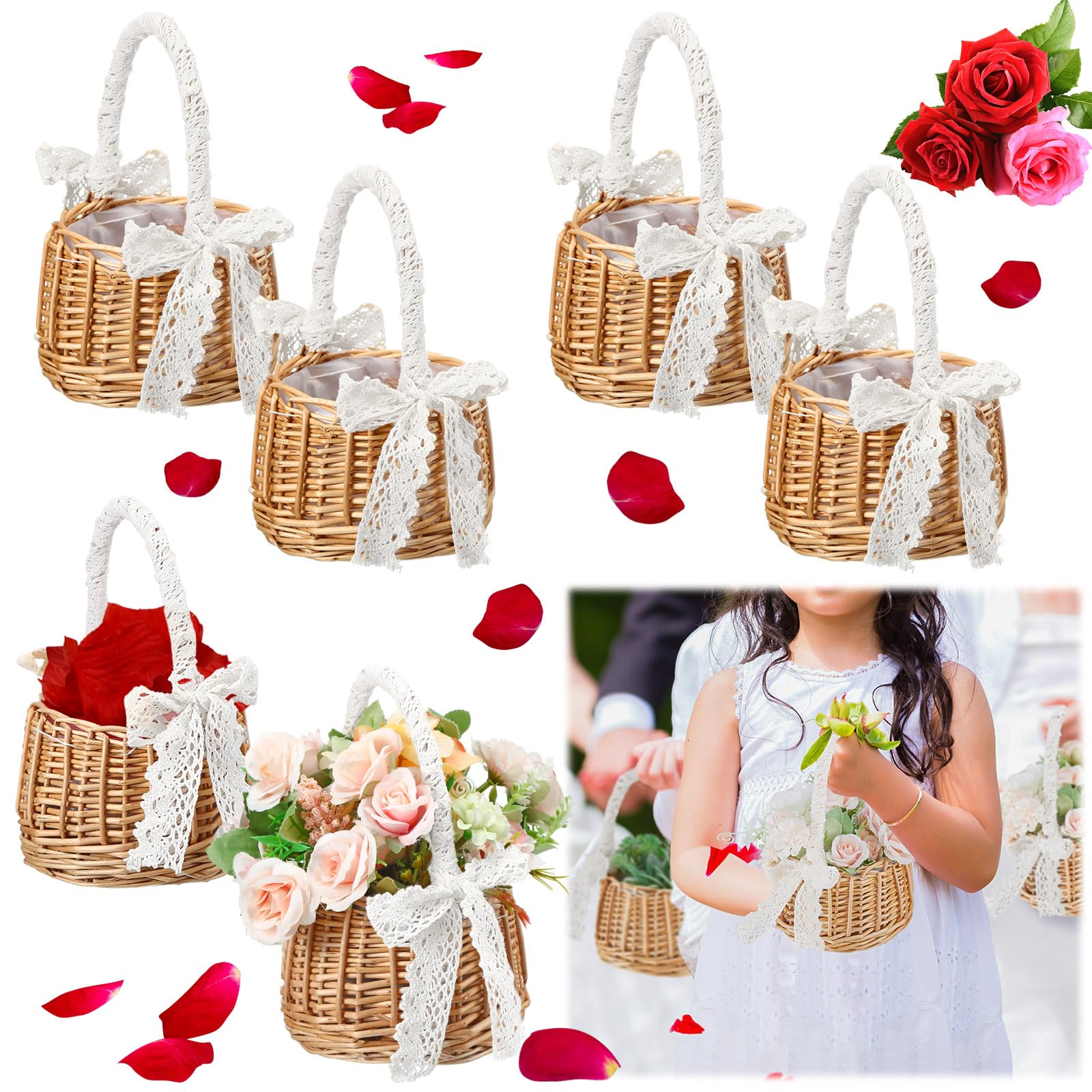 Ziliny 6 Pcs Flower Girl Baskets Wicker with Handle Ribbon for Wedding