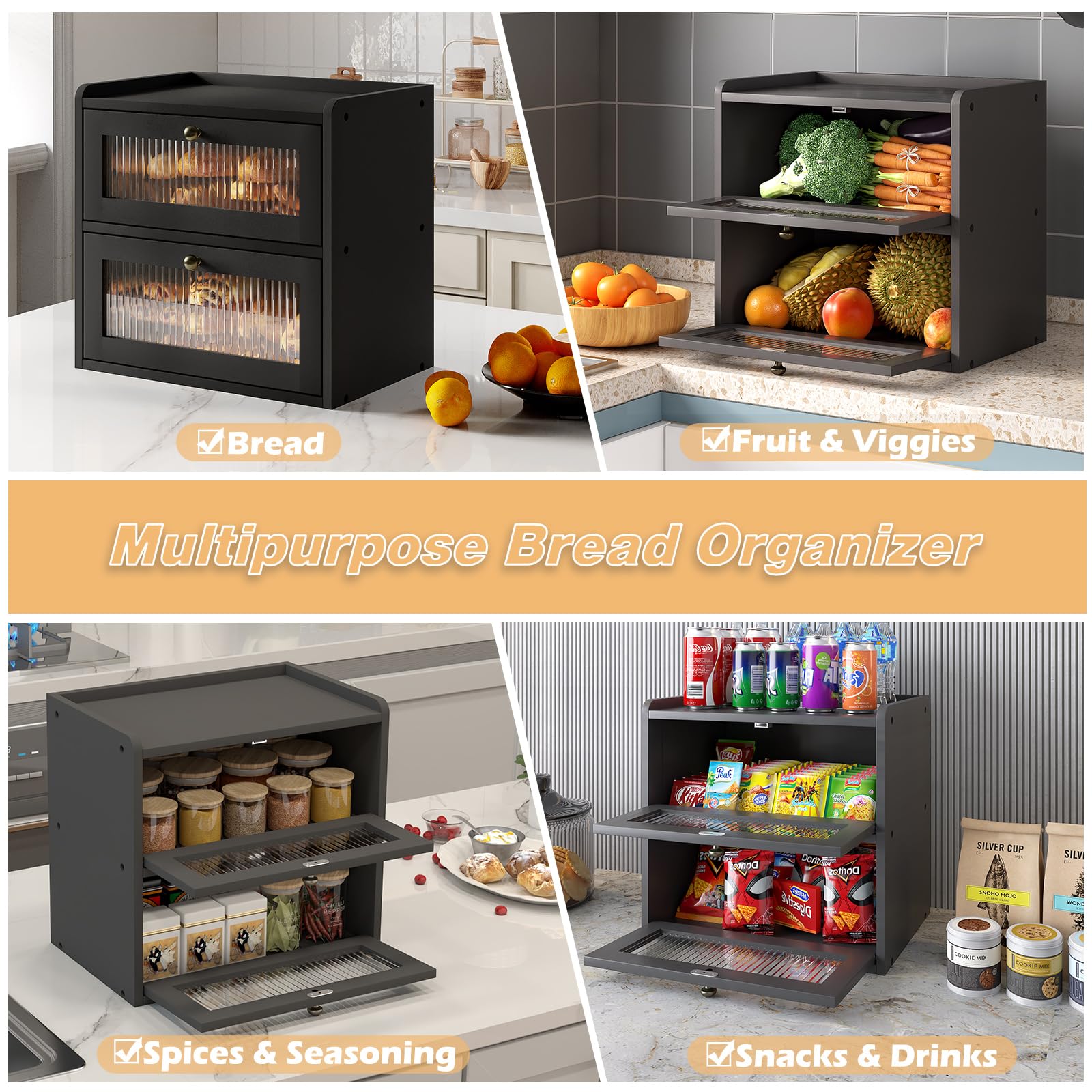 Alpeir Double Layer Large Bread Box For Kitchen Counter, Wooden Corner Bread Storage Container With Acrylic Window, Black