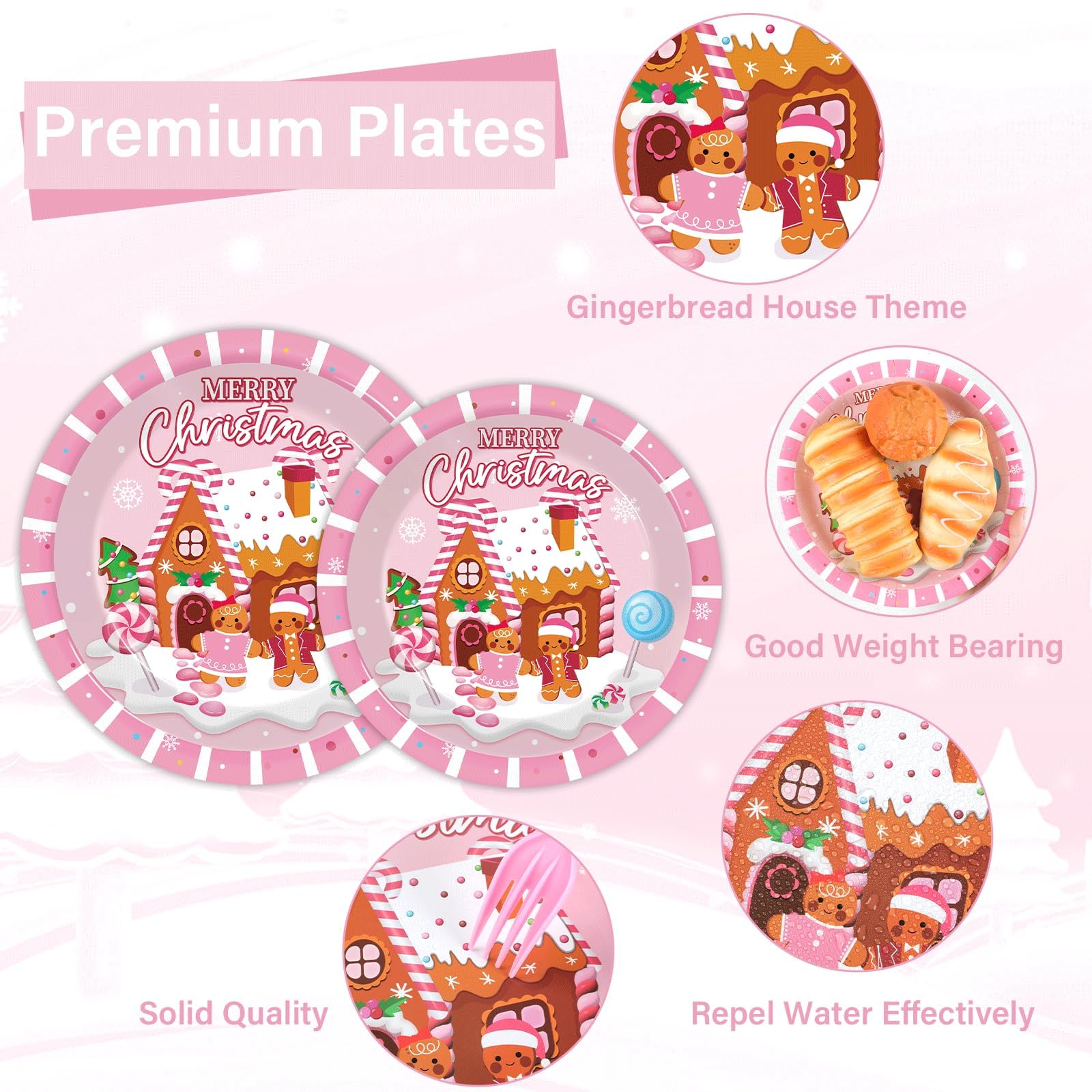 96Pcs Christmas Gingerbread Party Supplies Christmas Paper Plates Nankins Pink Gingerbread House Party Decorations Xmas Winter H