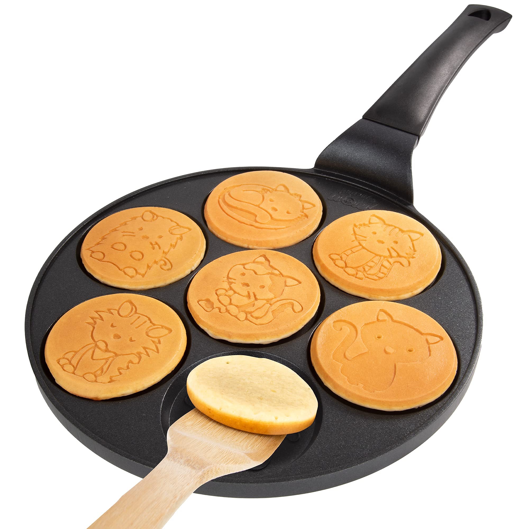 Kitty Friends Mini Pancake Pan - Make 7 Unique Flapjack Cat Designs, Nonstick Pan Cake Maker Griddle For Breakfast Kitten Fun &