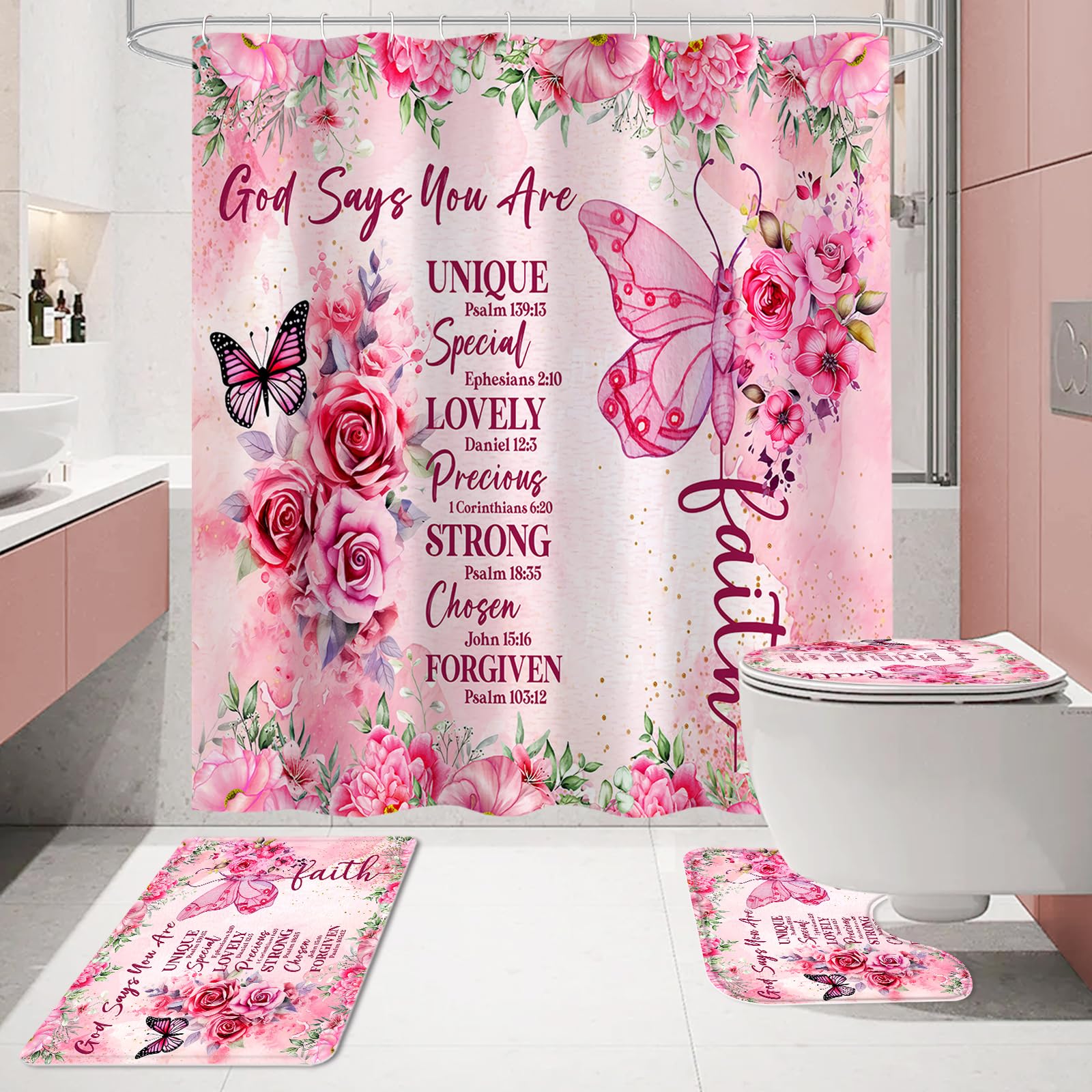 Litabel 4 Pcs Pink Butterfly Inspirational Quotes Shower Curtain Set With Rugs And Toilet Lid Cover, Colorful Boho Waterproof Fa