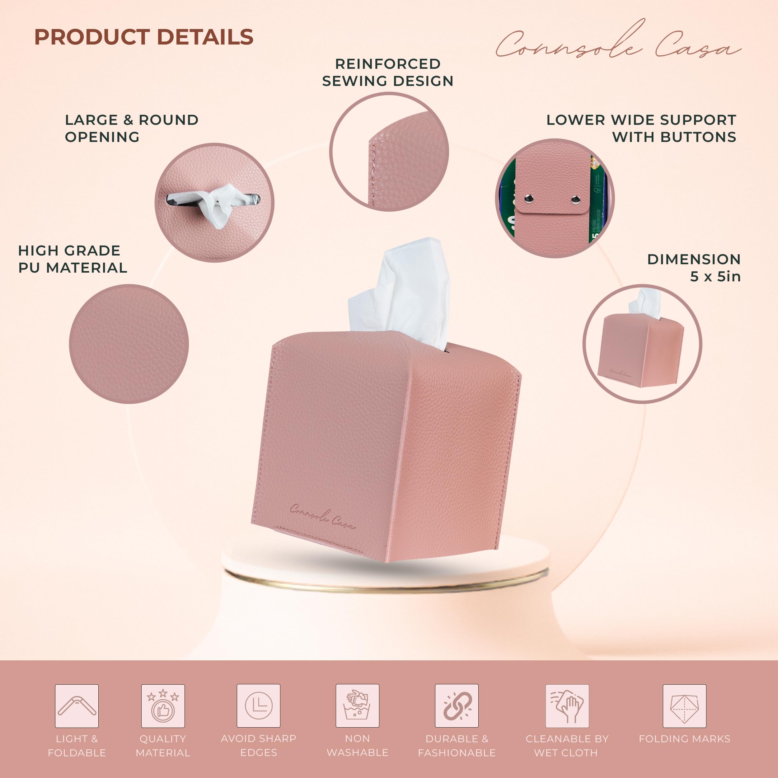 Connsole Casa Premium Pu Leather Tissue Box Holder - Elegant Hotel-Style Pink Tissue Box Cover For Enhanced D  Cor Of Home, Offi