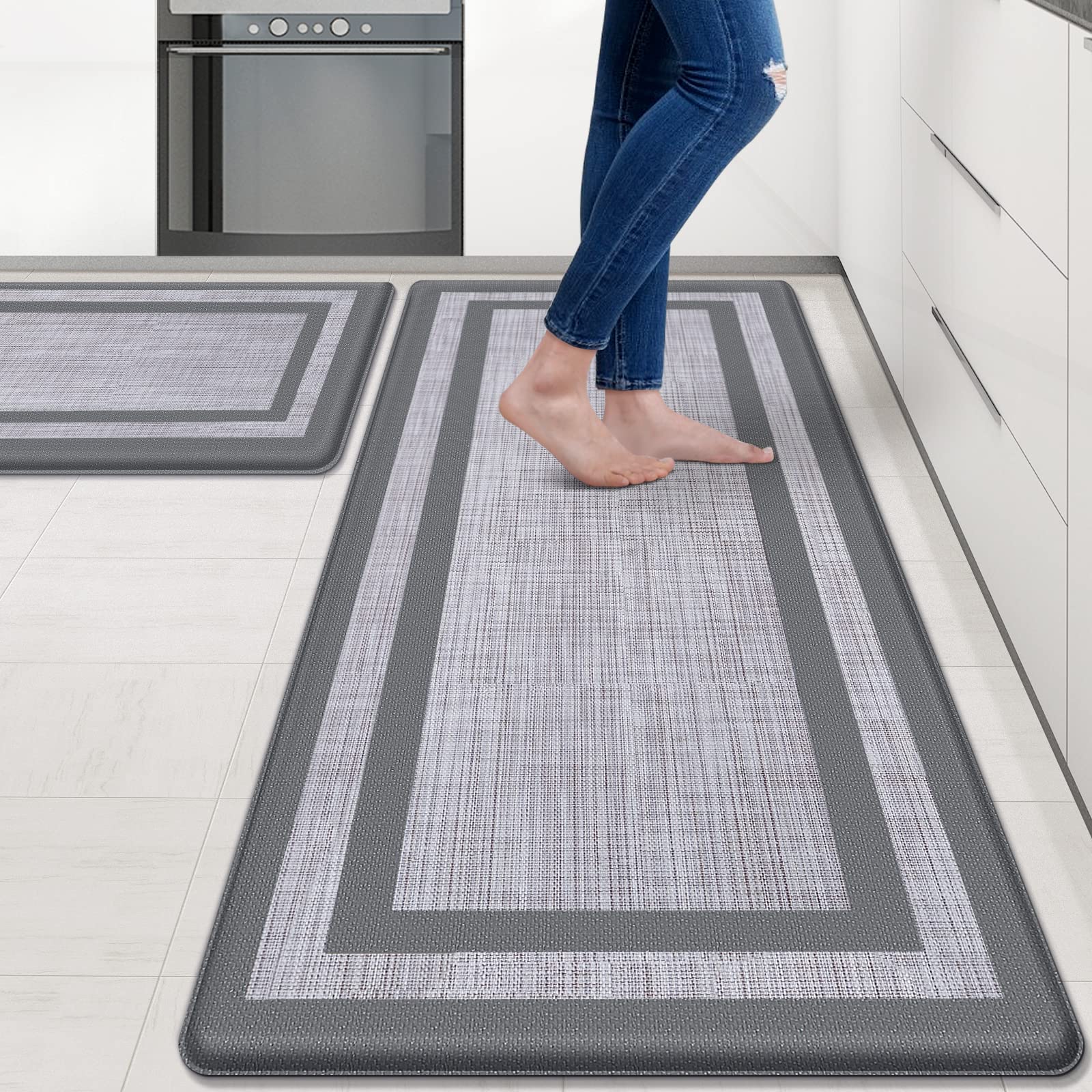 Mattitude Kitchen Mat [2 Pcs] Cushioned 0.47 Inch Non-Skid Waterproof Rugs Ergonomic Comfort Standing Mat For Floor, Office, Sin