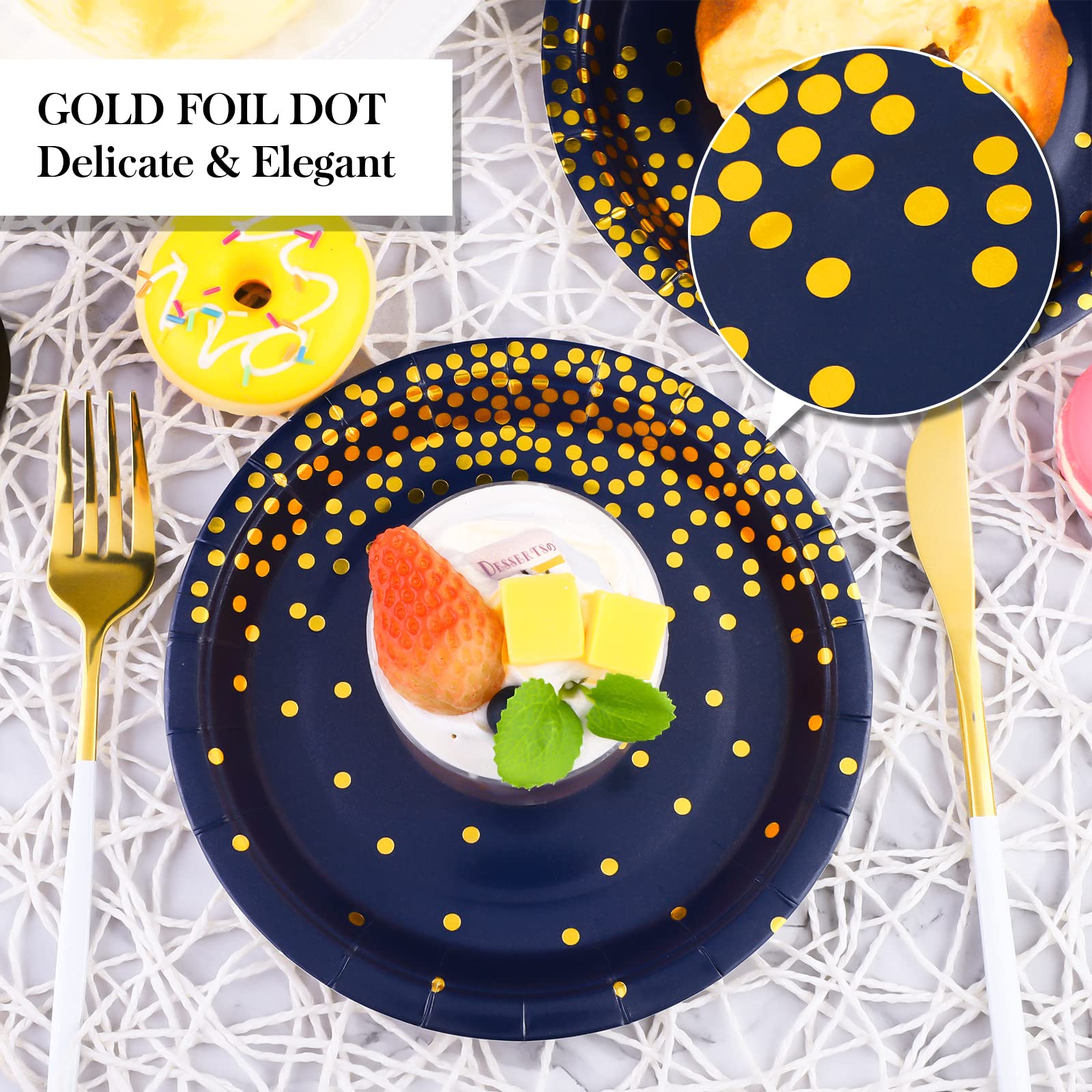 Aneco 60 Pieces 7 Inches Disposable Paper Plates Blue And Gold Foil Dot Dessert Plates Round Paper Plates For Wedding Bridal Sho