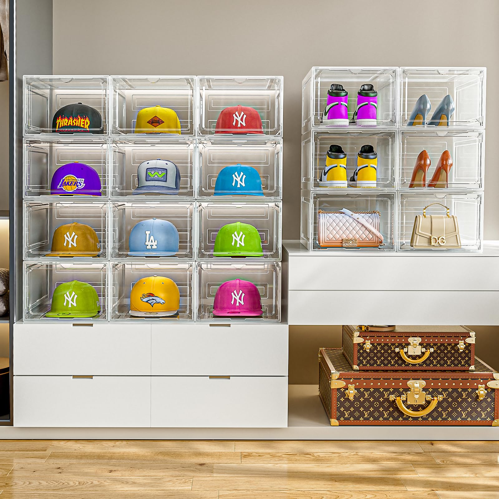 ZHAIXIAONIAN Hat Organizer Box - 6 Pack Clear Plastic Storage, Holds 8 Caps Each, XL Size, Magnetic Door, Model ZXN087