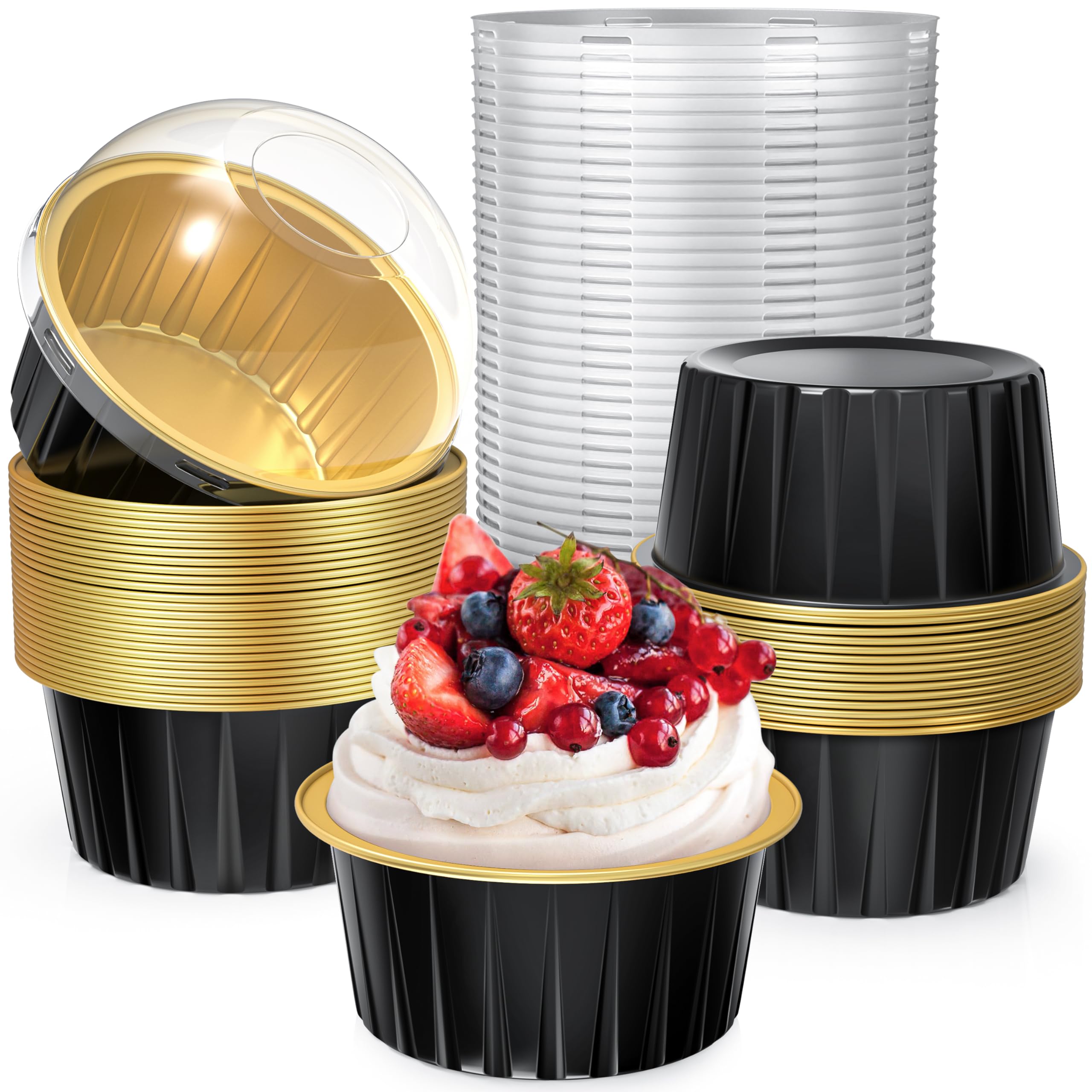 TLAZZ 40 Pack 5 OZ Mini Cake Pans with Lids, Disposable Aluminum Foil Ramekins Muffin Tin, Round Brownie Pudding Cupcake Baking 