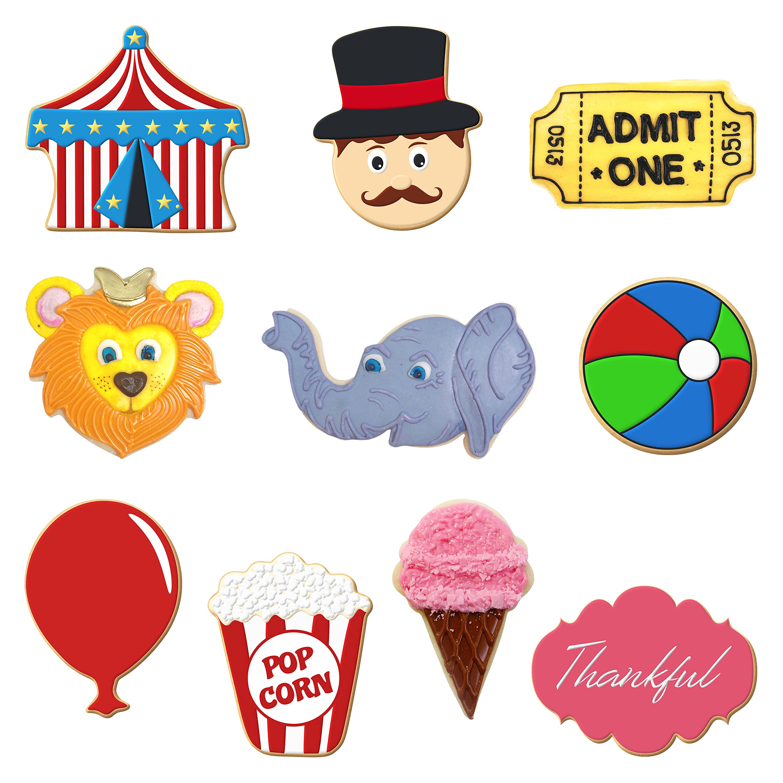Circus Birthday Cookie Cutter 10 Pc Set - Tent, Ringmaster, Ball, Lion Face, Elephant Face, Ticket Plaque, Ferris Wheel, Ice Cre