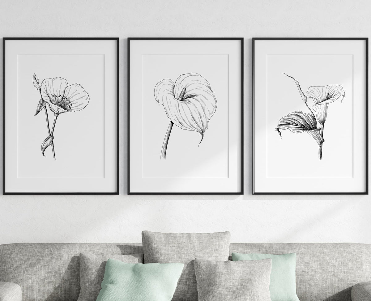 Wild Lily Flowers Set Of 3 Unframed Wall Art Prints, Abstract Tropical Plant Decor, Living Room Bedroom Bathroom Poster Home Dec