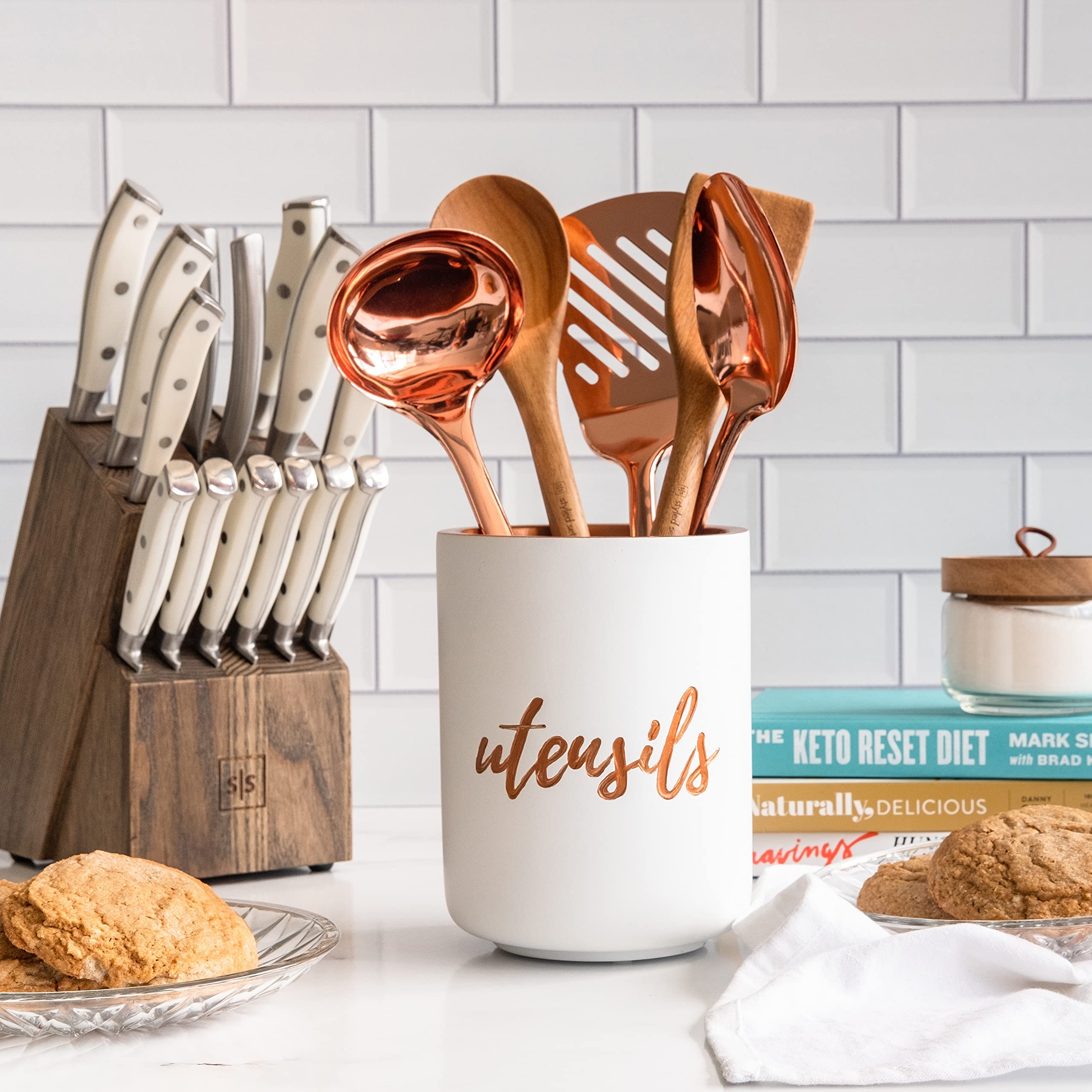 White Ceramic Utensil Holder With Interior Copper Finish - Stylish, Sturdy And Large Spatula Holder For Rose Gold Kitchen Access