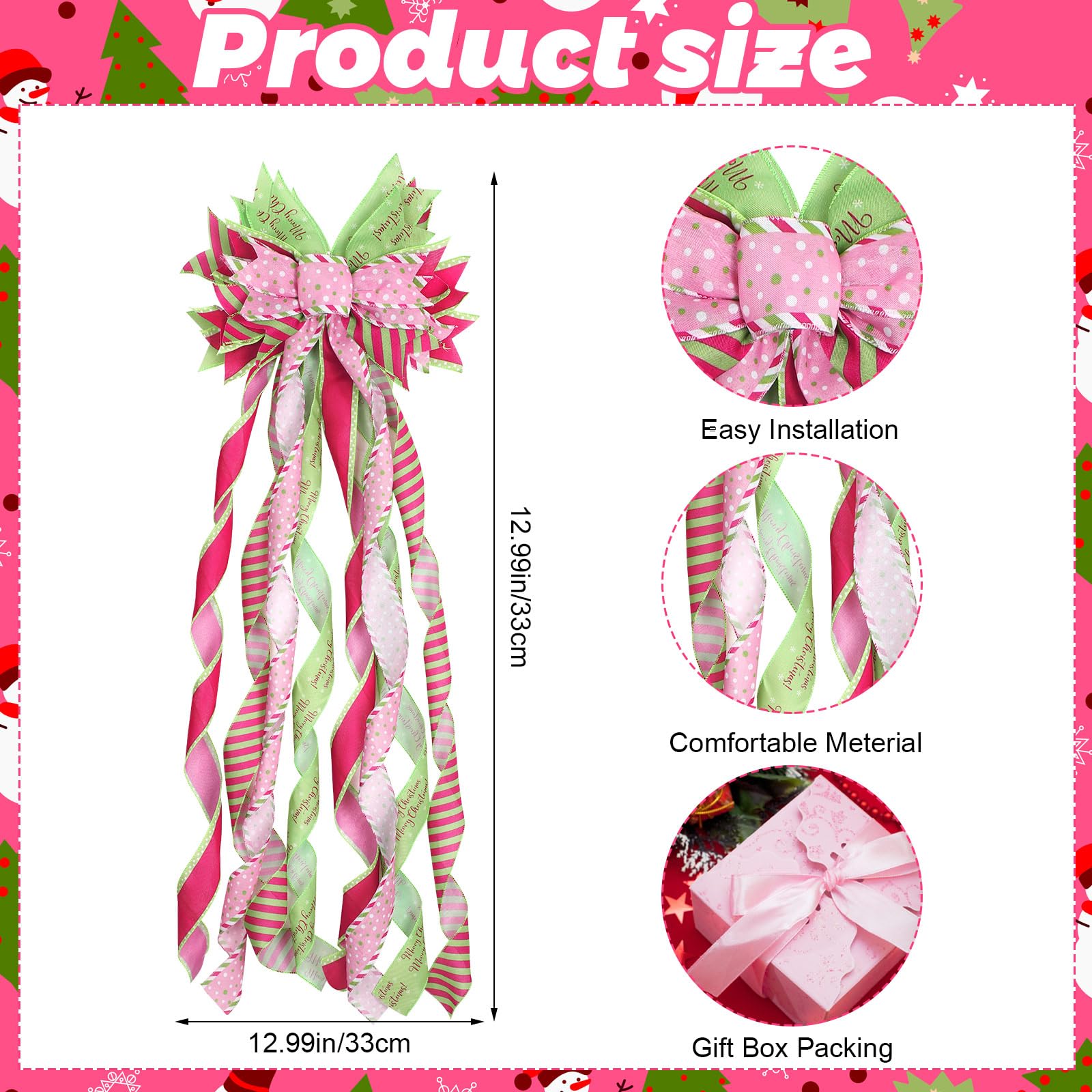 FineCheer Green and Pink Christmas Tree Topper Wreath Bow Large Christmas Bow Pink Tree Topper for Xmas Ornament Family Wedding