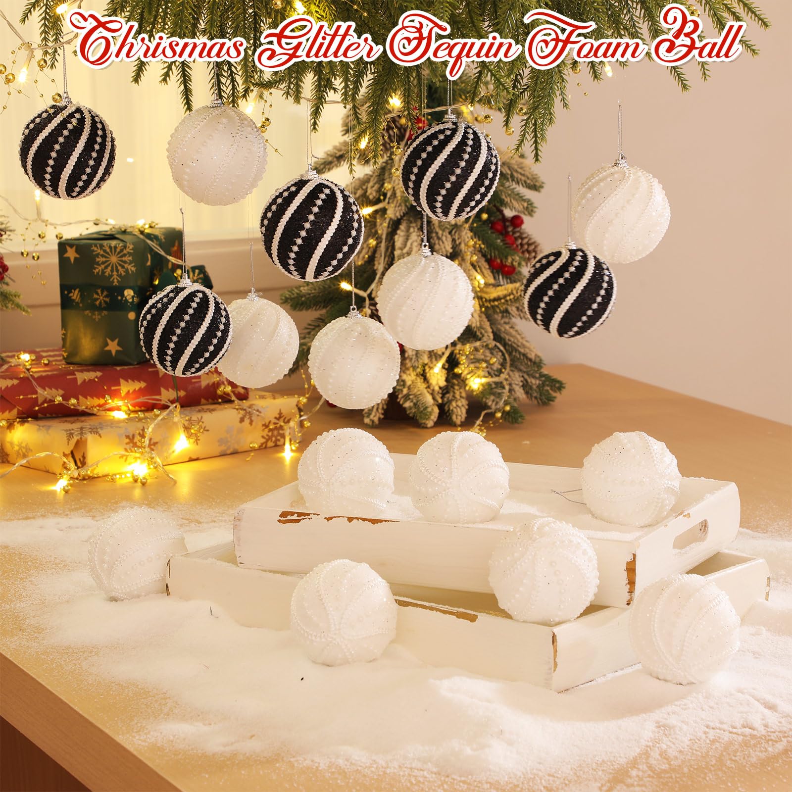 Leitee 12 Pcs 3.15 Glitter Christmas Balls Ornaments Sequin Shatterproof Foam Christmas Tree Decorations Glitter Hanging Pearl B
