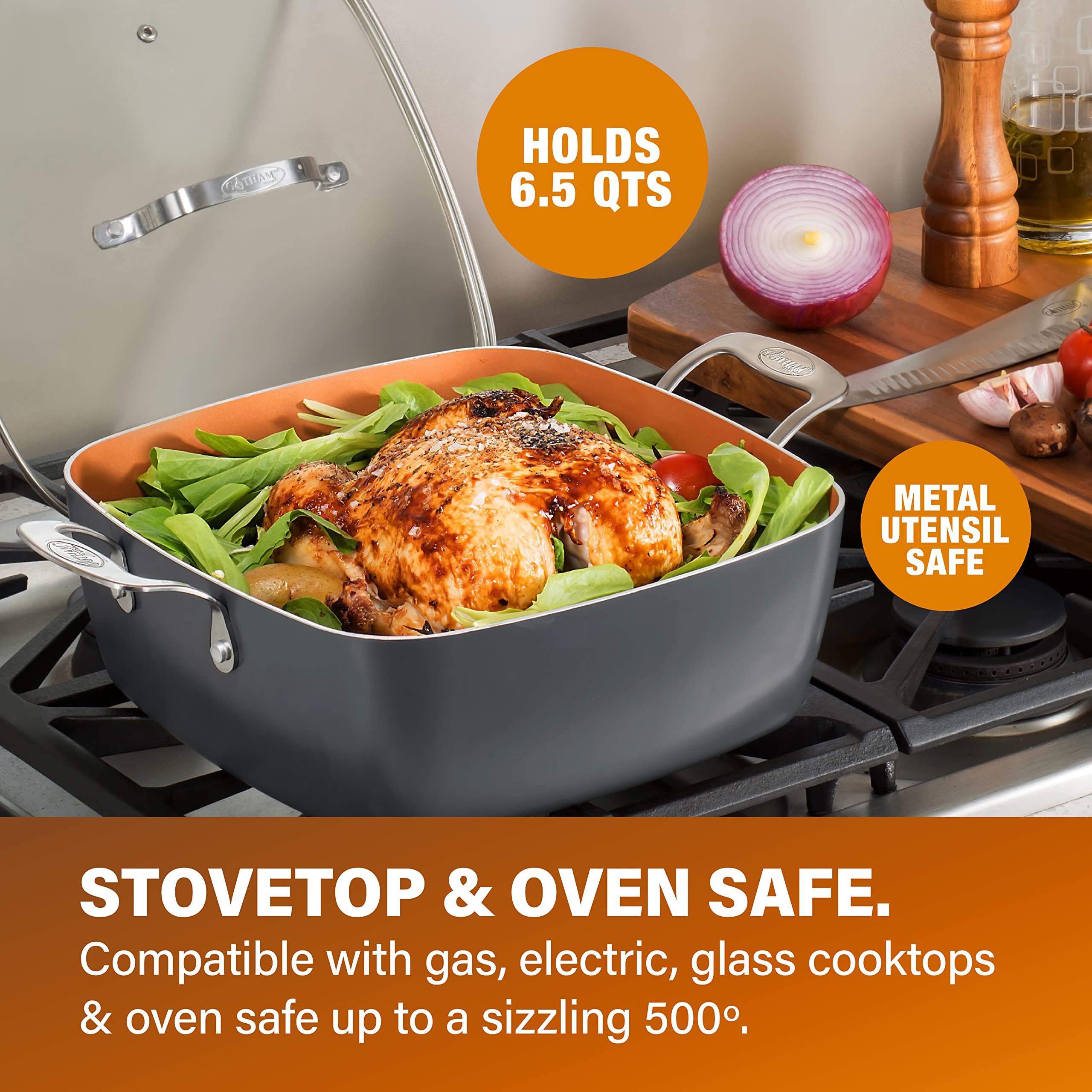 GOTHAM STEEL - 6 Quart XL Nonstick Copper Deep Square All in One 6 Qt Casserole Chefs Pan & Stock Pot- 4 Piece Set, Includes Fry