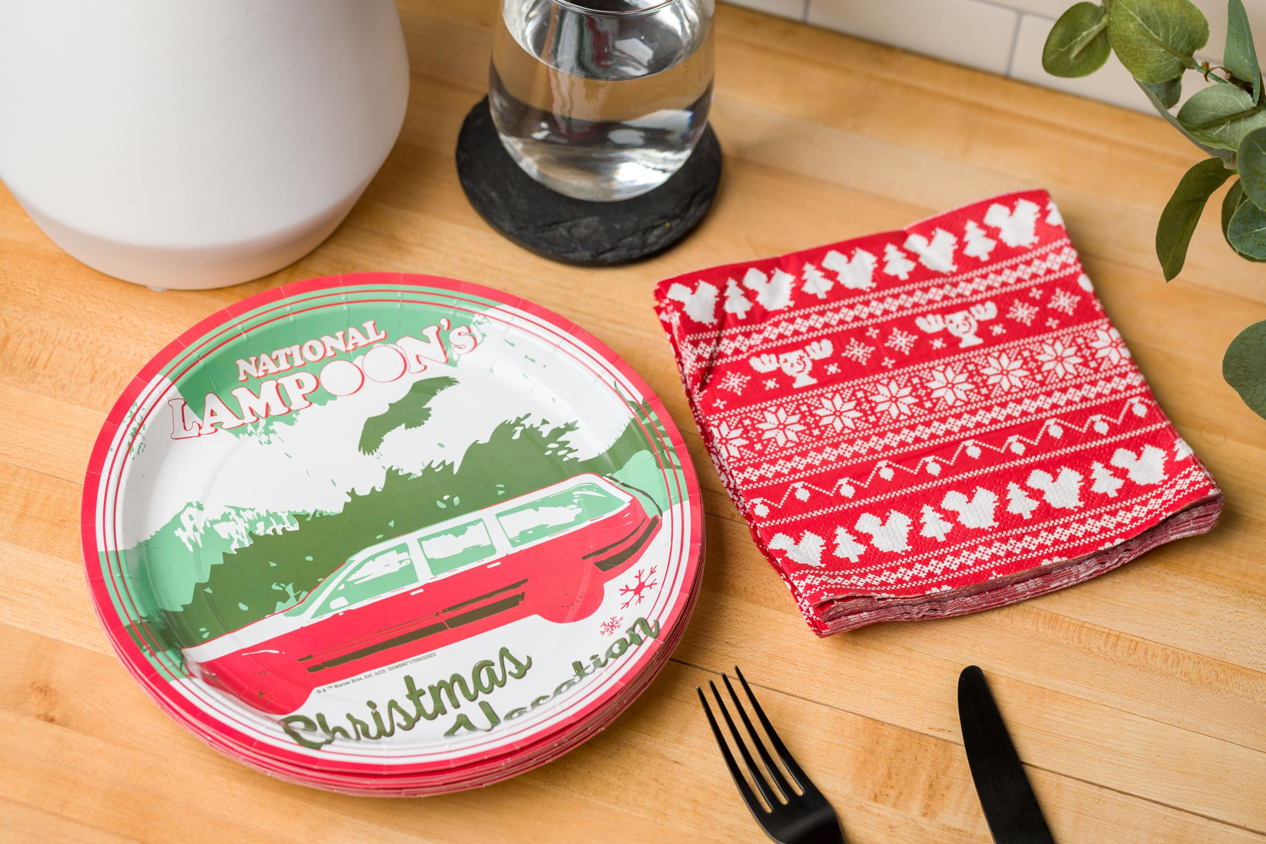 Silver Buffalo Christmas Vacation Wagon Tree Scene Sweater Pattern 32Ct Paper Napkin And Plate Party Pack