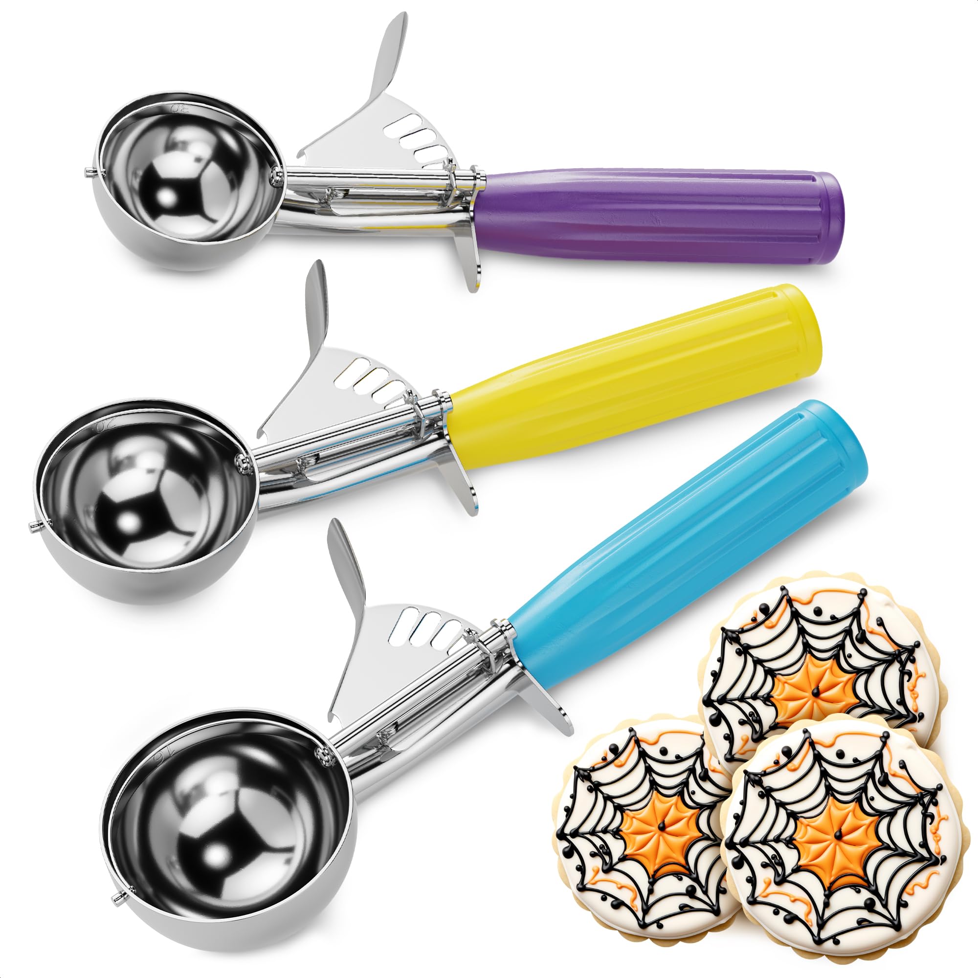 Cookie Scoop Set of 3 - Ice Cream Scoop with Trigger - Thanksgiving Cookie Scoops for Baking Set of 3, #16 (2.7 oz), #20 (2 oz),
