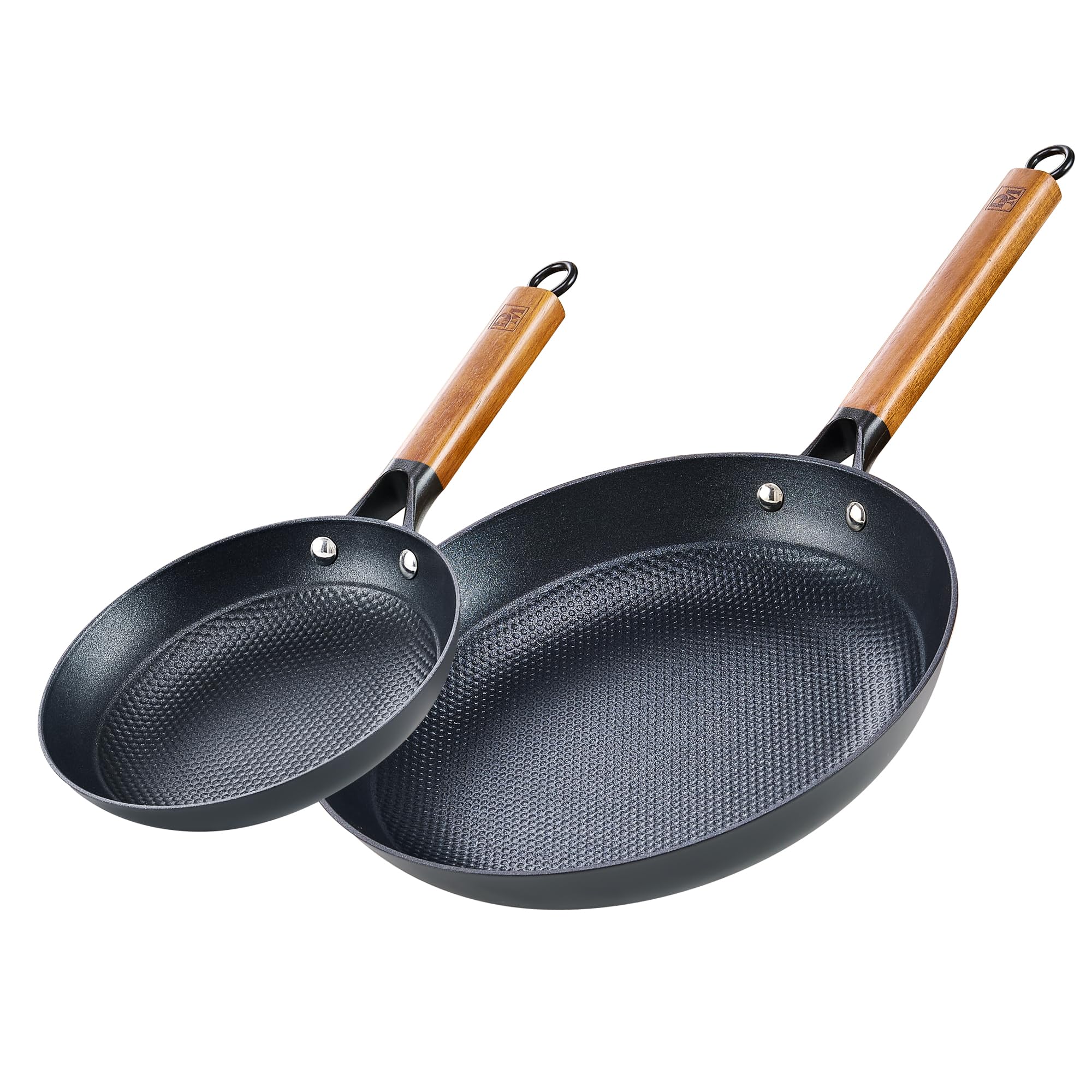 DM Cast Iron 8/12 Inch Nonstick Skillets, 2 Piece Frying Pan Set with Detachable Acacia Wooden Handle, Honeycomb Non Stick Omele