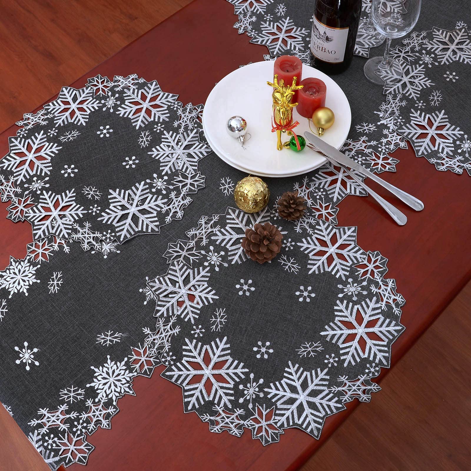 Simhomsen Embroidered Snowflakes Table Runners For Christmas Holiday And Winter (Gray, 14